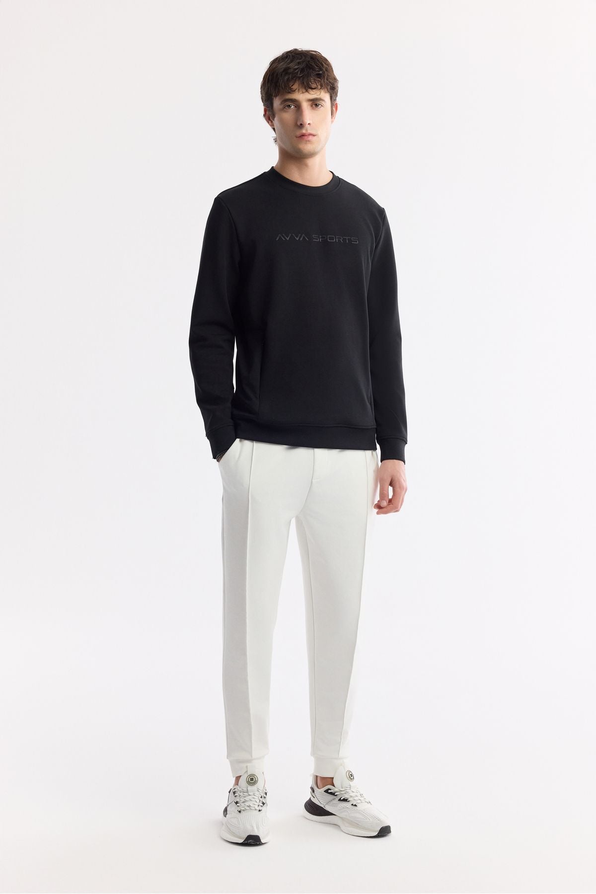 Erkek Siyah Bisiklet Yaka Enjeksiyon Baskılı Gizli Fermuarlı İnterlok Sweatshirt A51Y1208