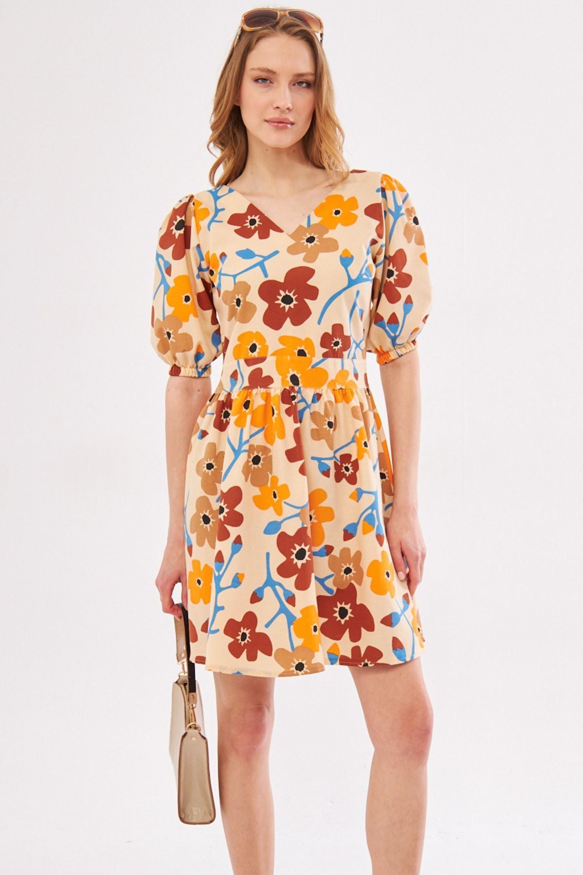 Female Beige front rear V-neck balloon sleeve belt detailed mini dress ARM-24Y001016
