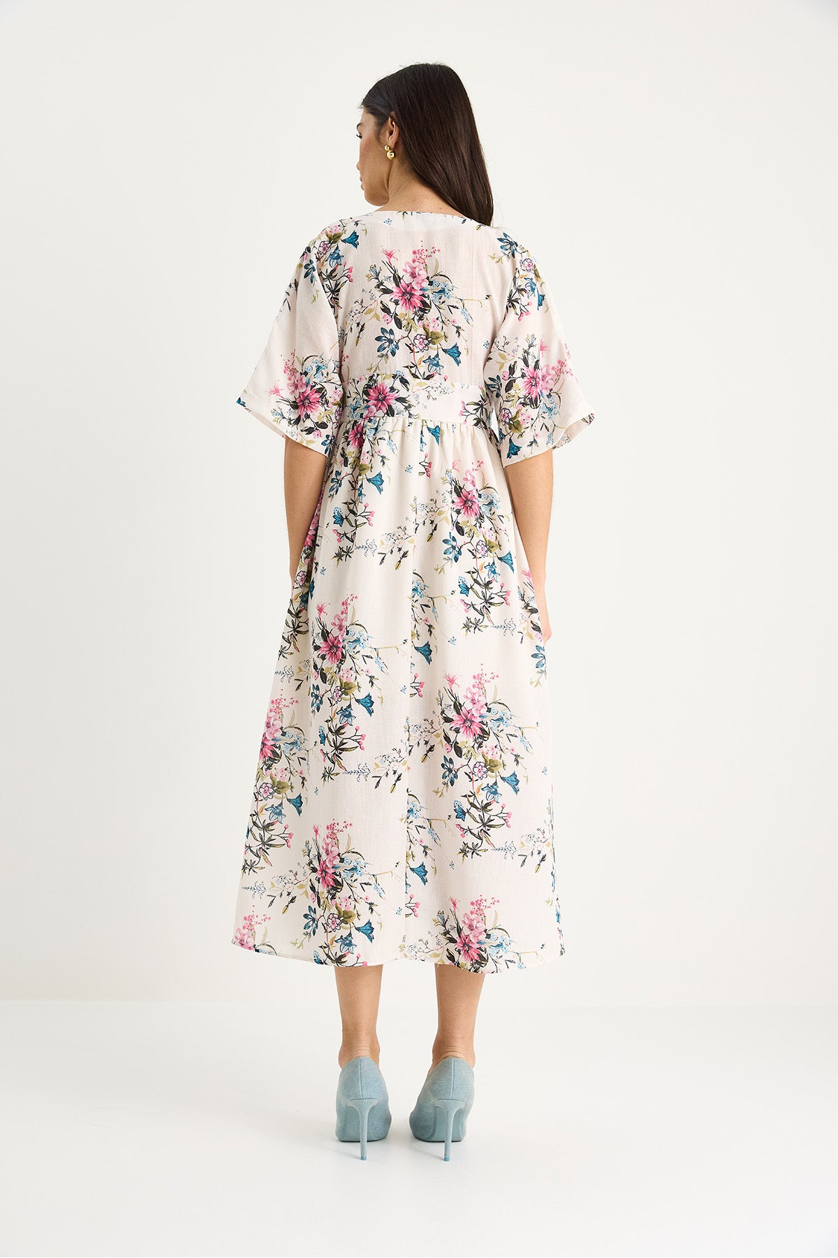 Women's V-Neck Waist Detailed Wide Sleeve Floral Patterned Linen Textured Lined Dress 3047 60283362