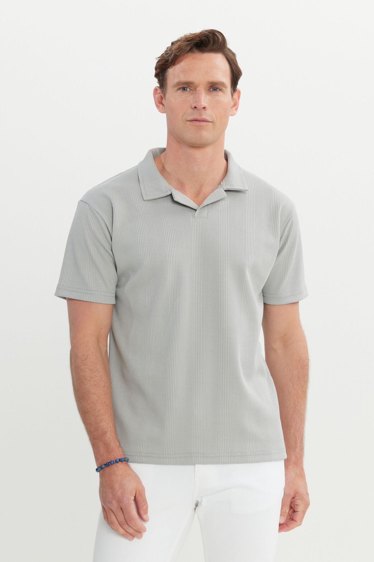 Men's light gray relax fit comfortable cut Polo Yaka T -shirt