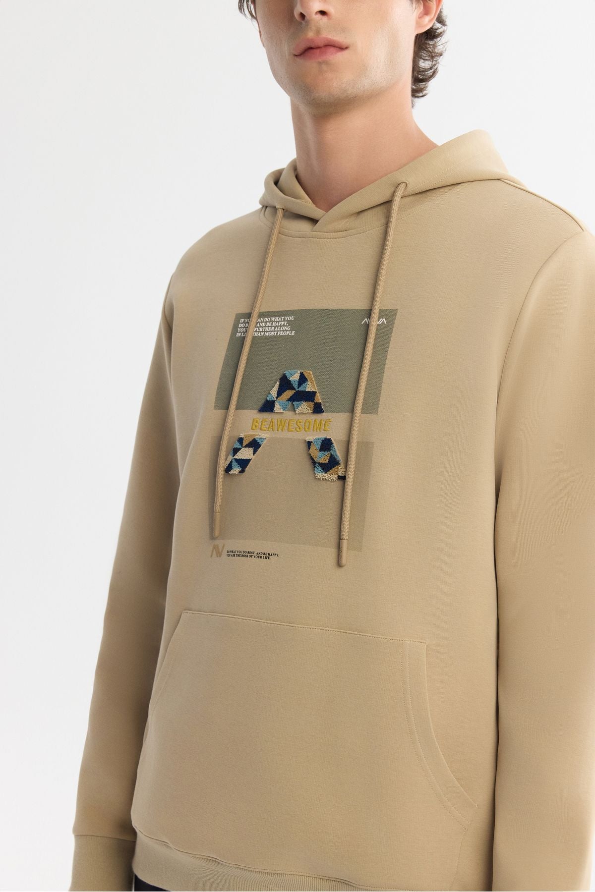 Men's beige hooded cotton printed elastan sweatshirt a42y1321