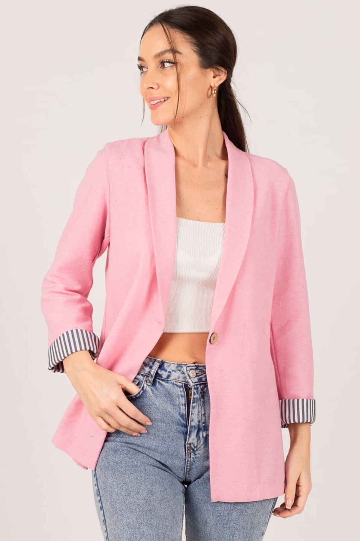 WOMEN Pink Sleeve Striped Single button Jacket ARM-22K001122