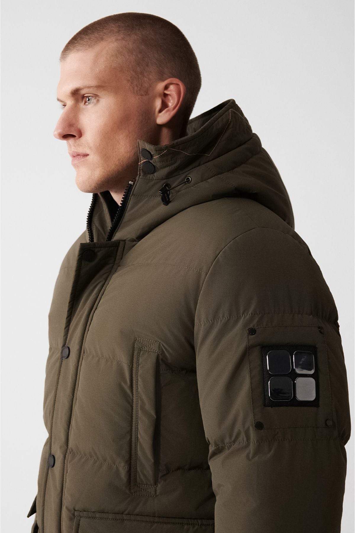 Men's Khaki Inflatable Coat Hooded Plush Detail Detail Water Driving Windproof Comfort Fit A32Y6046