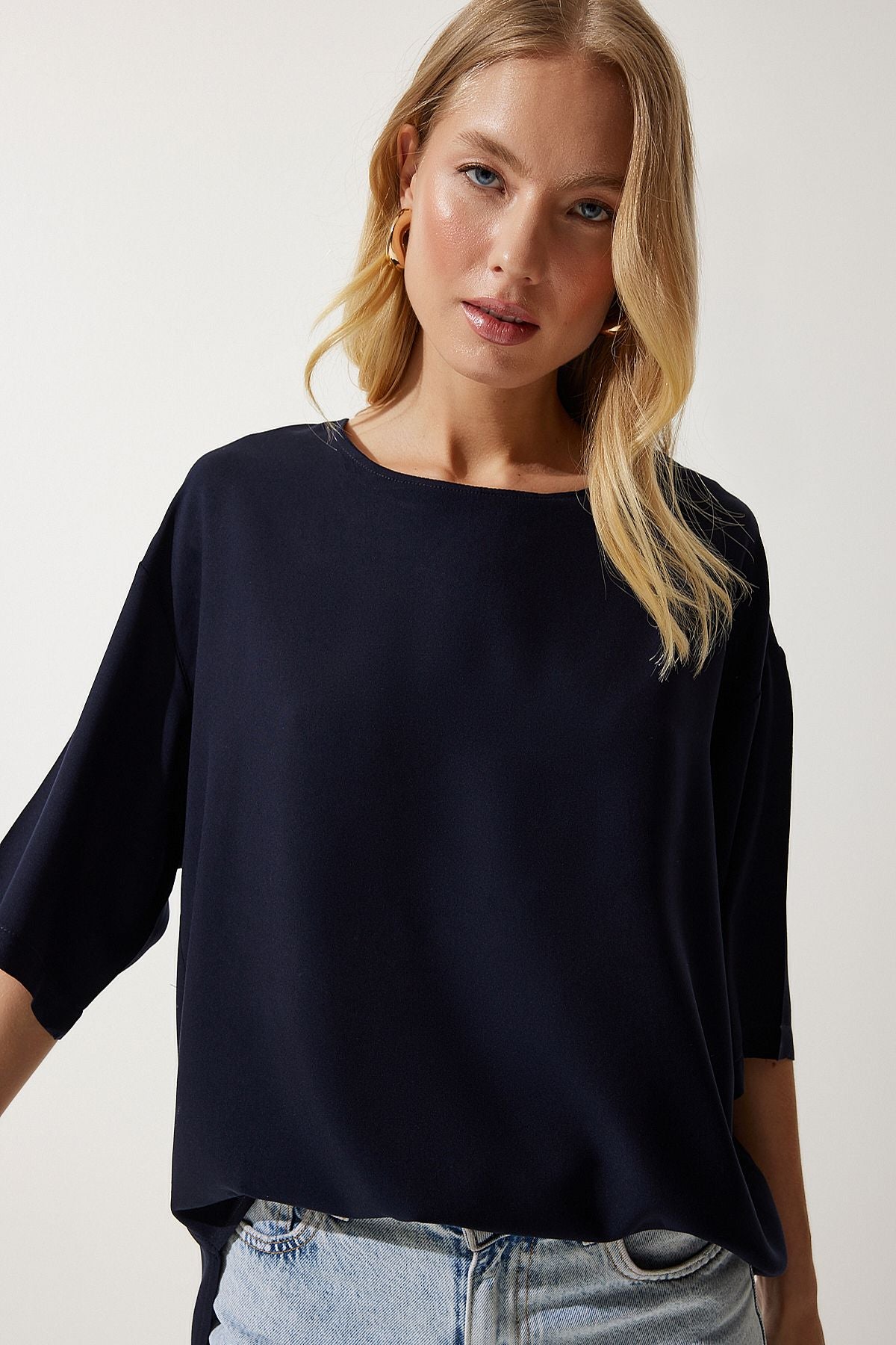 Female navy blue bicycle collar draped viscose blouse RC00152