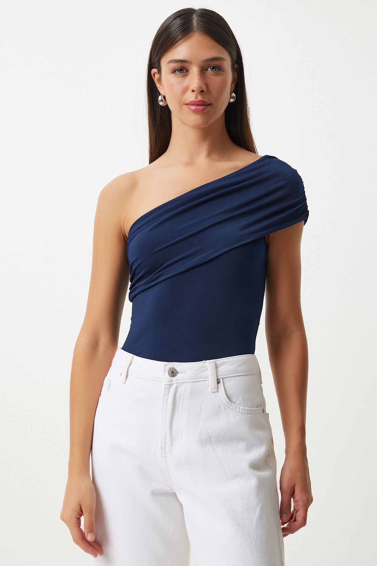 Woman Navy blue one shoulder shirred knitted blouse dz00112