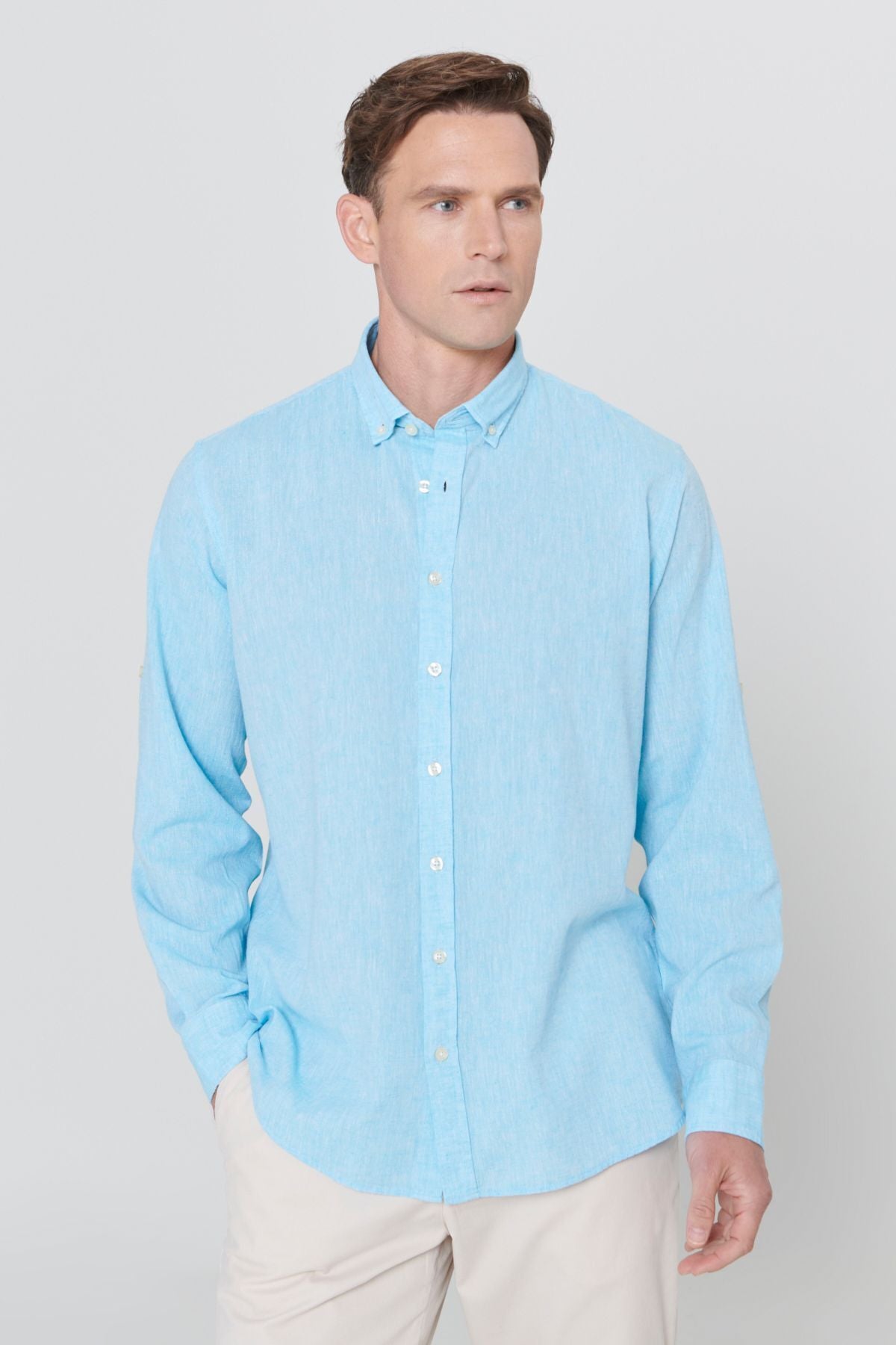 Men's turquoise linen comfort fit comfortable cut buttoned collar casual shirt