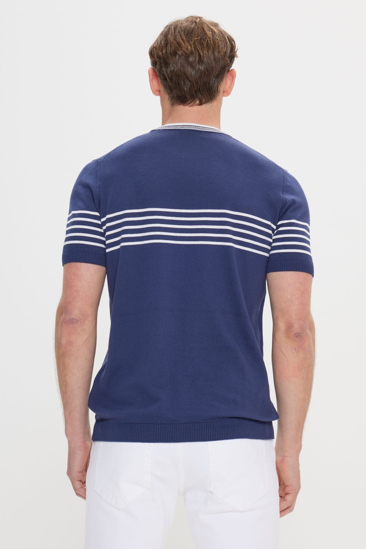 Men's Navy Blue-White Standard Fit Normal Normal Cut 100 %Cotton Striped Bicycle Yaka Triko T-shirt