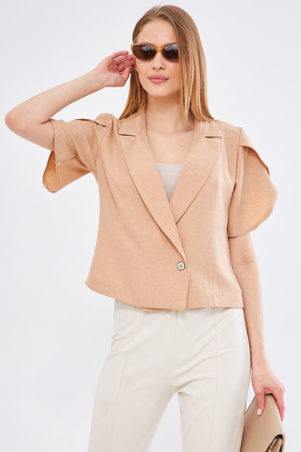Female mink ikosiokto jacket handle slits detailed crop short sleeve ARM-24Y001048