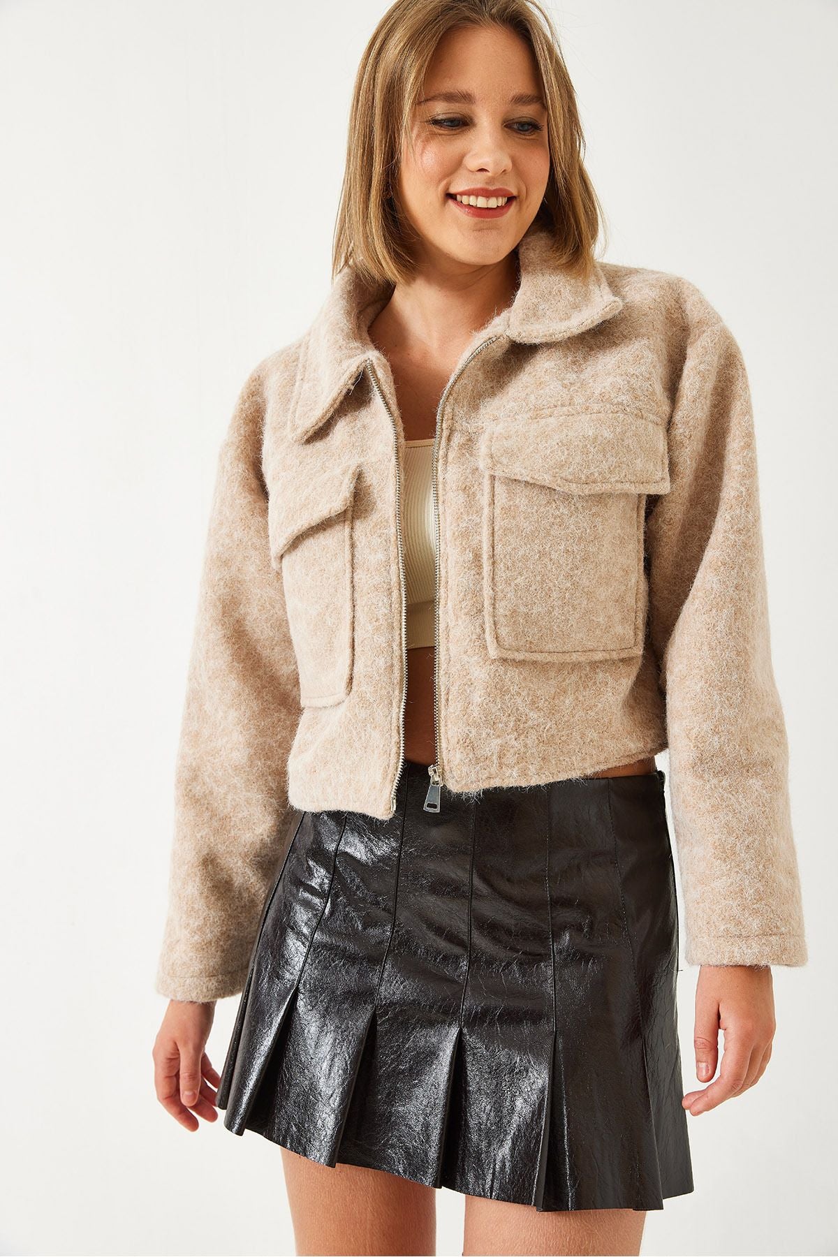 Female Double Pocket Crop Stamp Jacket 2638 602611101