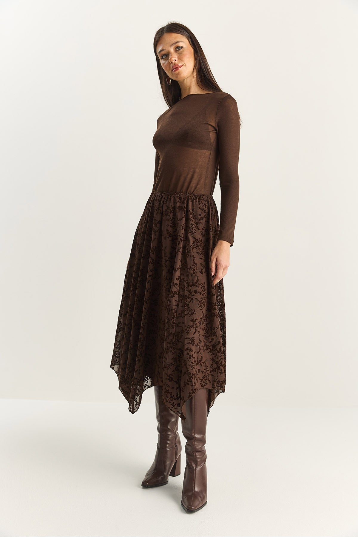 Women's Velvet Patterned Lined Asymmetrical Cut Midi Skirt with Elastic Waist DE251125 60283880