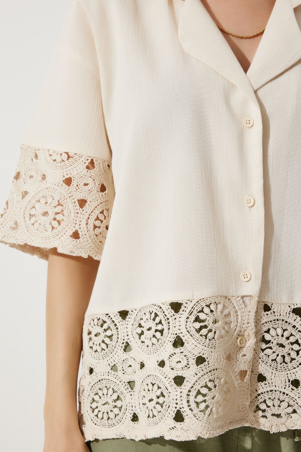Female beige guipure raw linen shirt RG00033