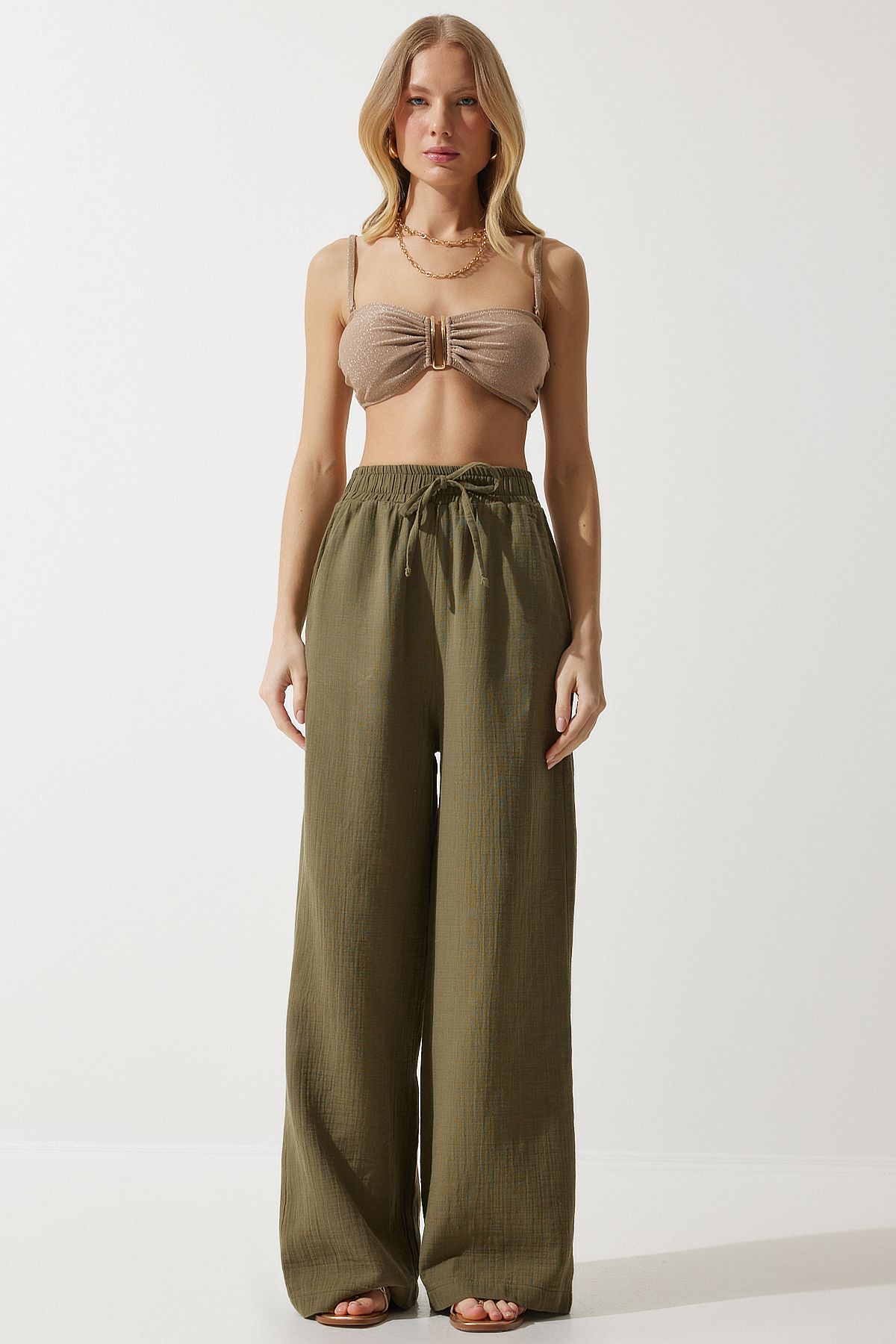 Woman Khaki Muslin Palazzo Pants MX00160