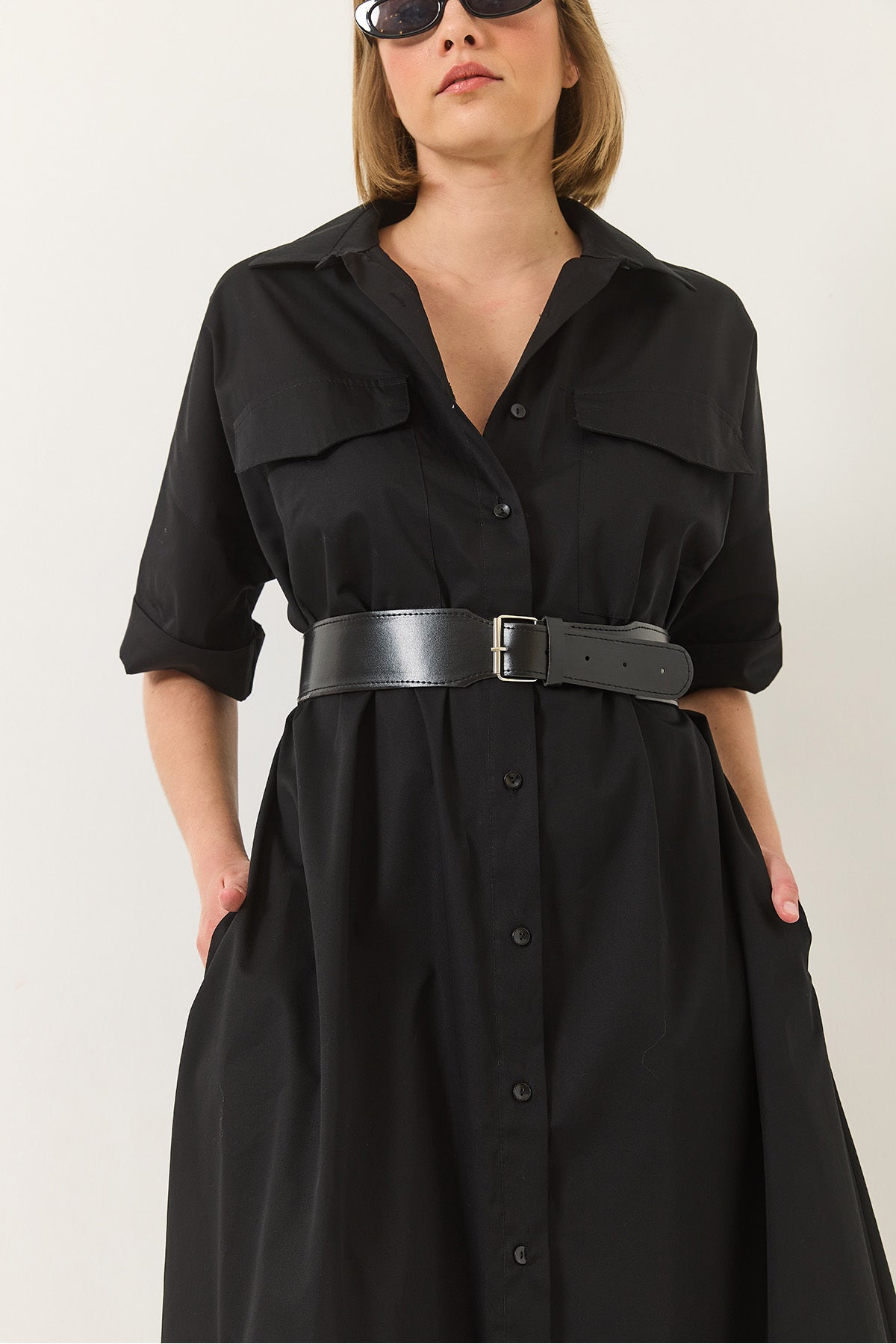 Women's Button Closure Pocket Detailed Belted Poplin Shirt Dress 60283191