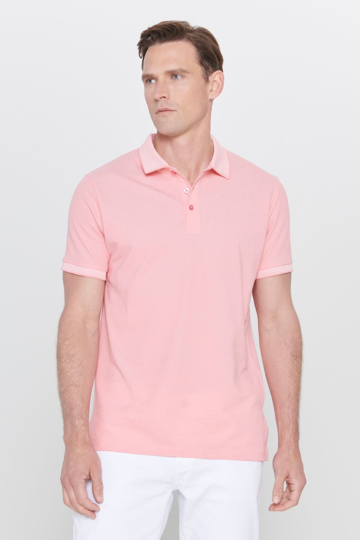 Men-Plugging Cotton Fabric Slim Fit Narrow Cut Pink-White Curlled Polo Yaka T-shirt