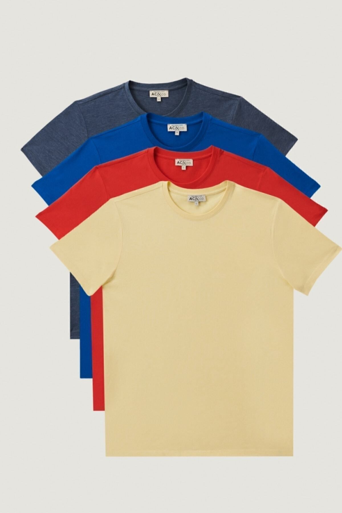 Men's Saks-Kırmız-Yellow-Intigo Melanj Slim Fit Dight Cut 4-Piece Basic T-Shirt Package
