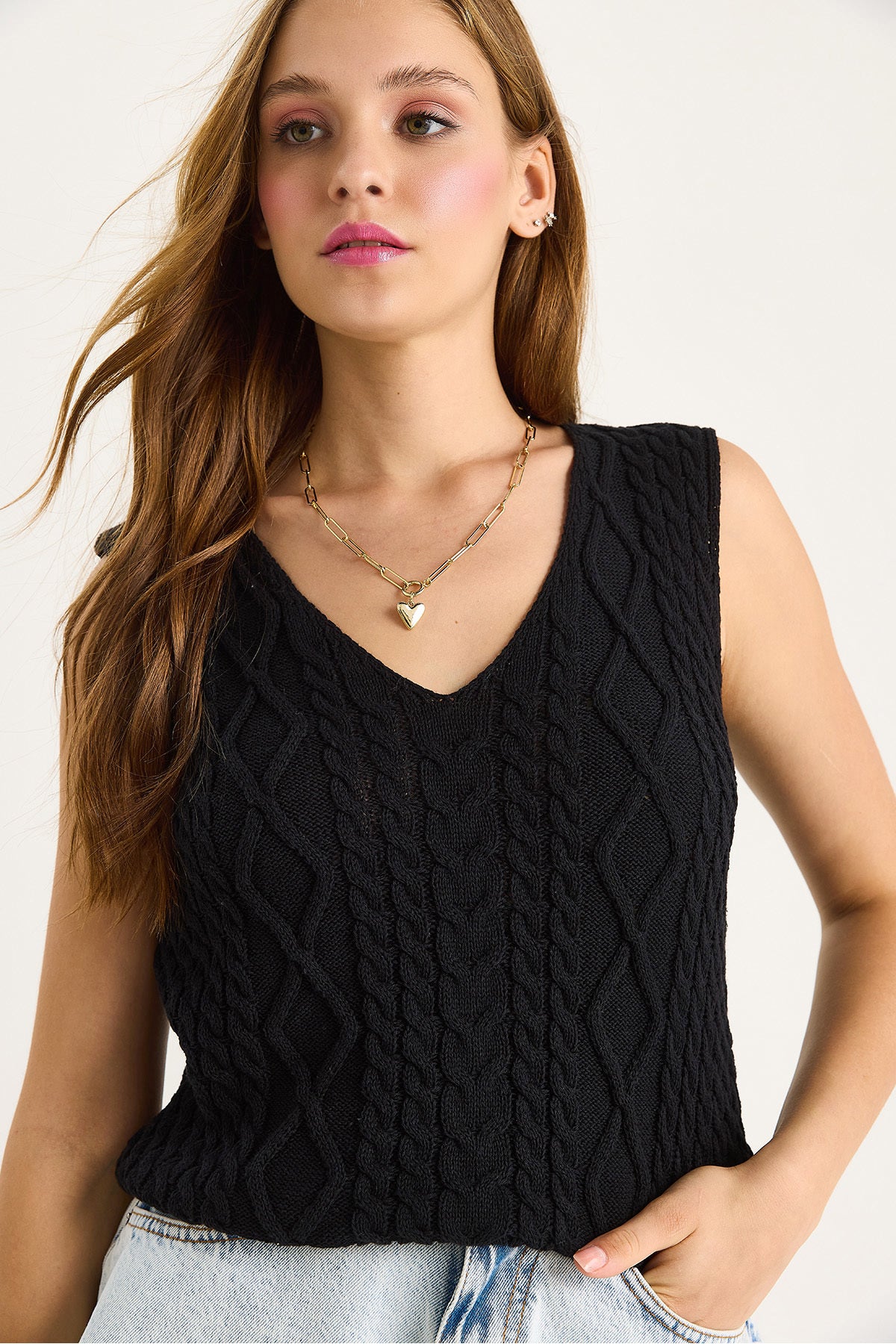 Women's V-Neck Knitted Detail Knitwear Strap Blouse 20258004