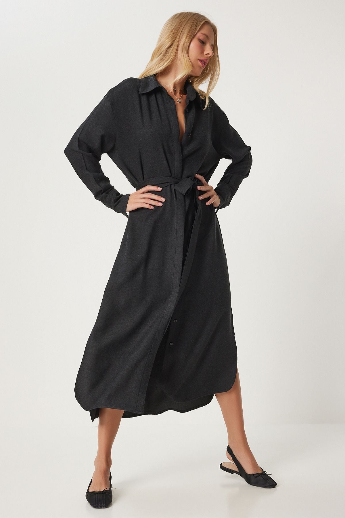 Women's black slit belt long shirt dress FN03314