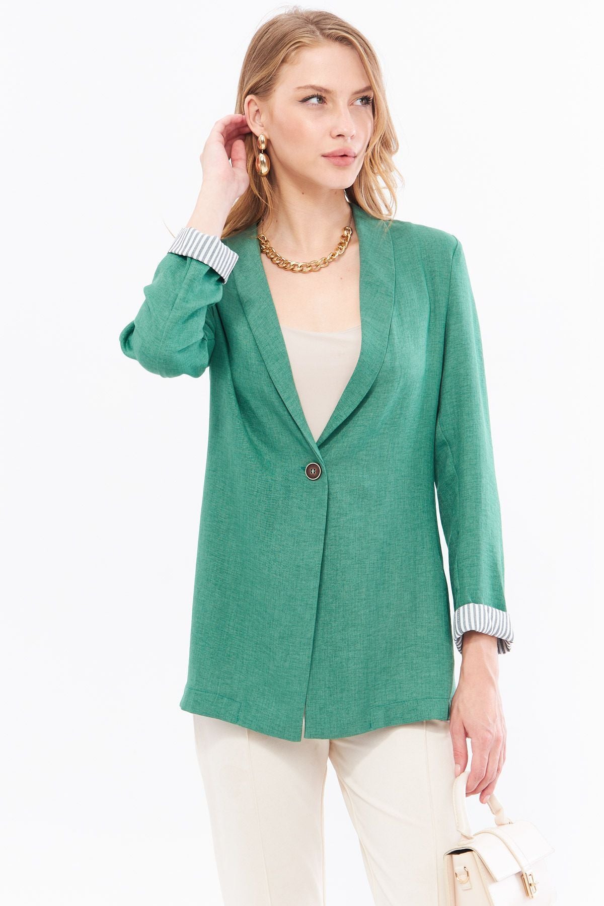 Female Cagla Green Integorm Striped Single button Jacket ARM-22K001122