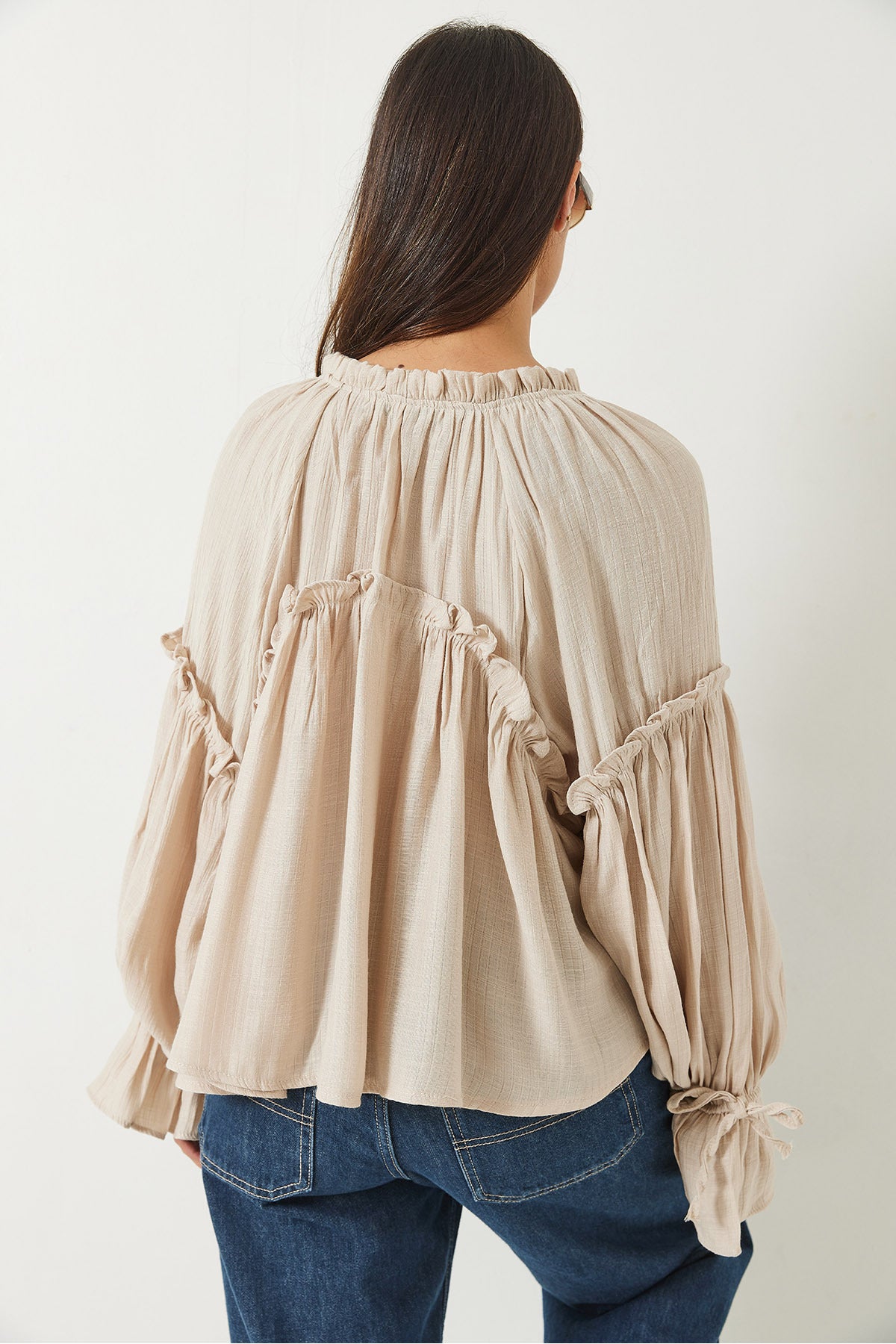 Women's Tie Detailed Balloon Sleeve Loose Seersucker Blouse 252 60282002