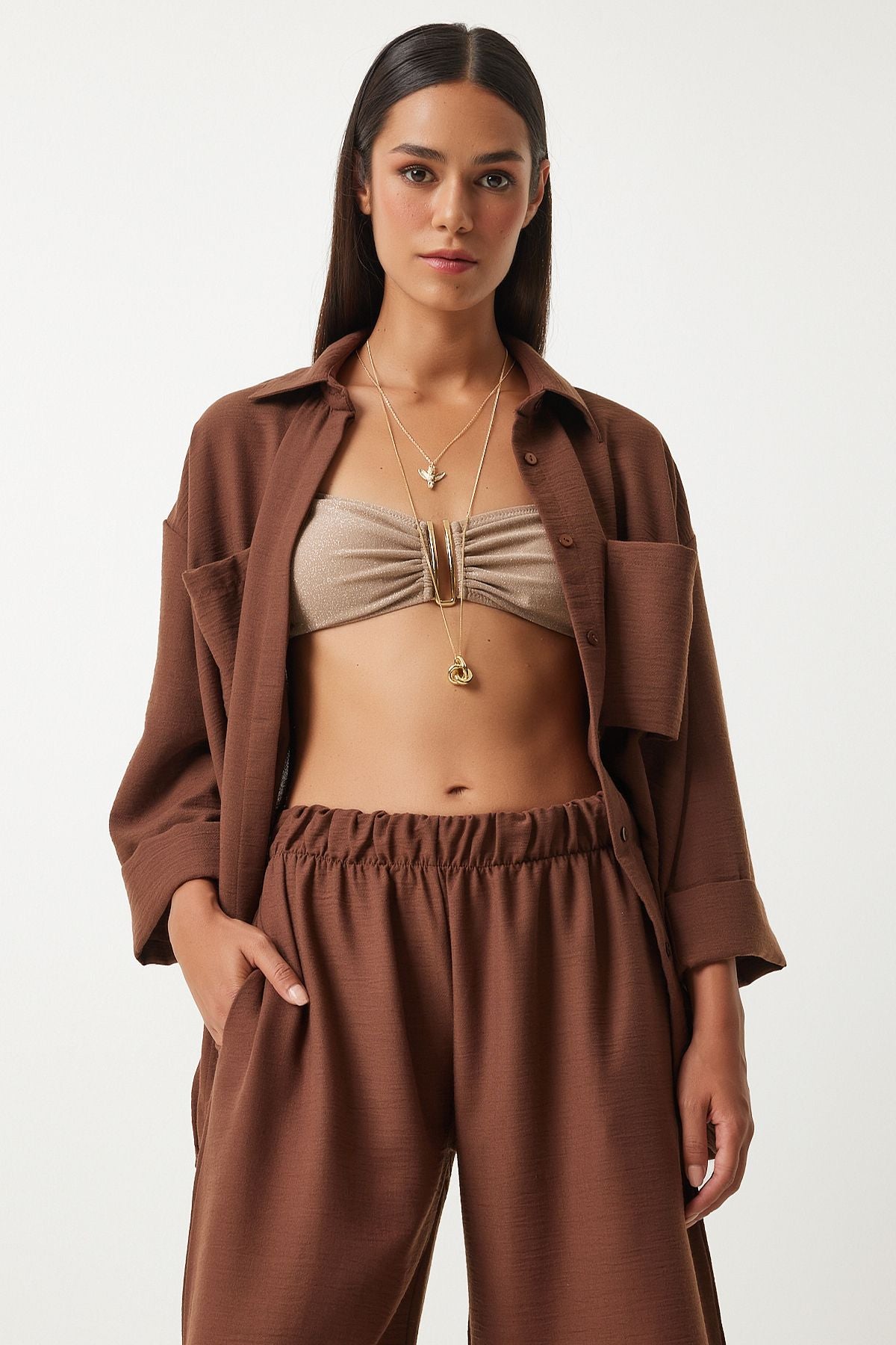 Female brown wide pocket linen mixed shirt pants set FN03205