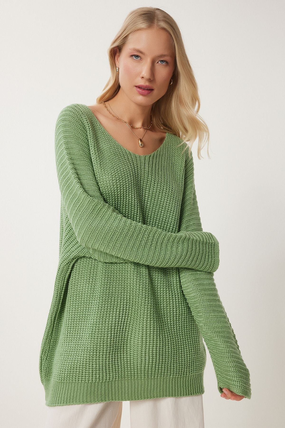 Women's Cagla Green V -Yaka Oversize Knitwear Kazakh YG00099