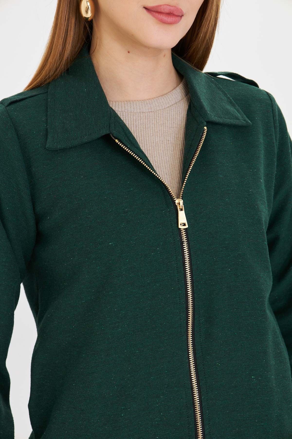 Female emerald front zipper gabardin coat ARM-22K001068