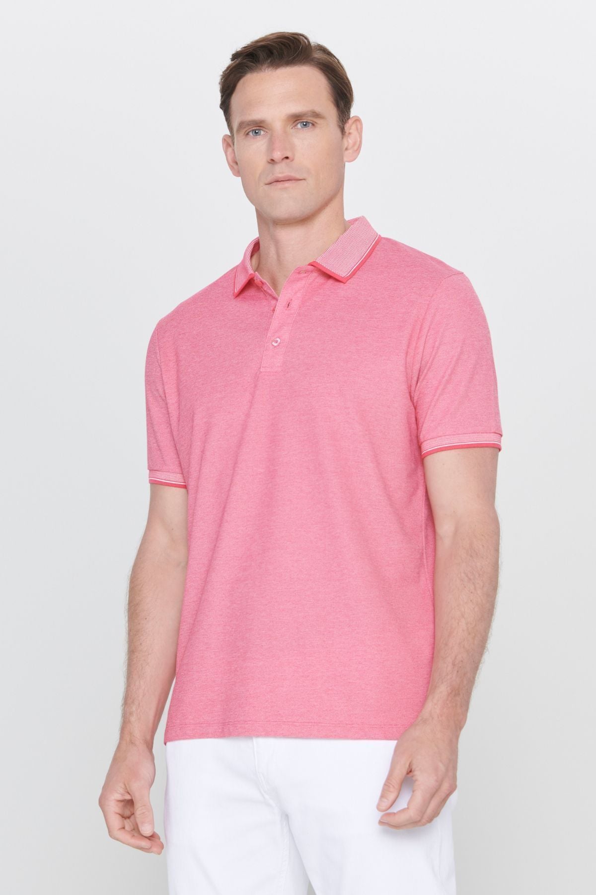 Men-Plugging Cotton Fabric Slim Fit Narrow Cut Fuchsia-White Curled Polo Yaka T-shirt