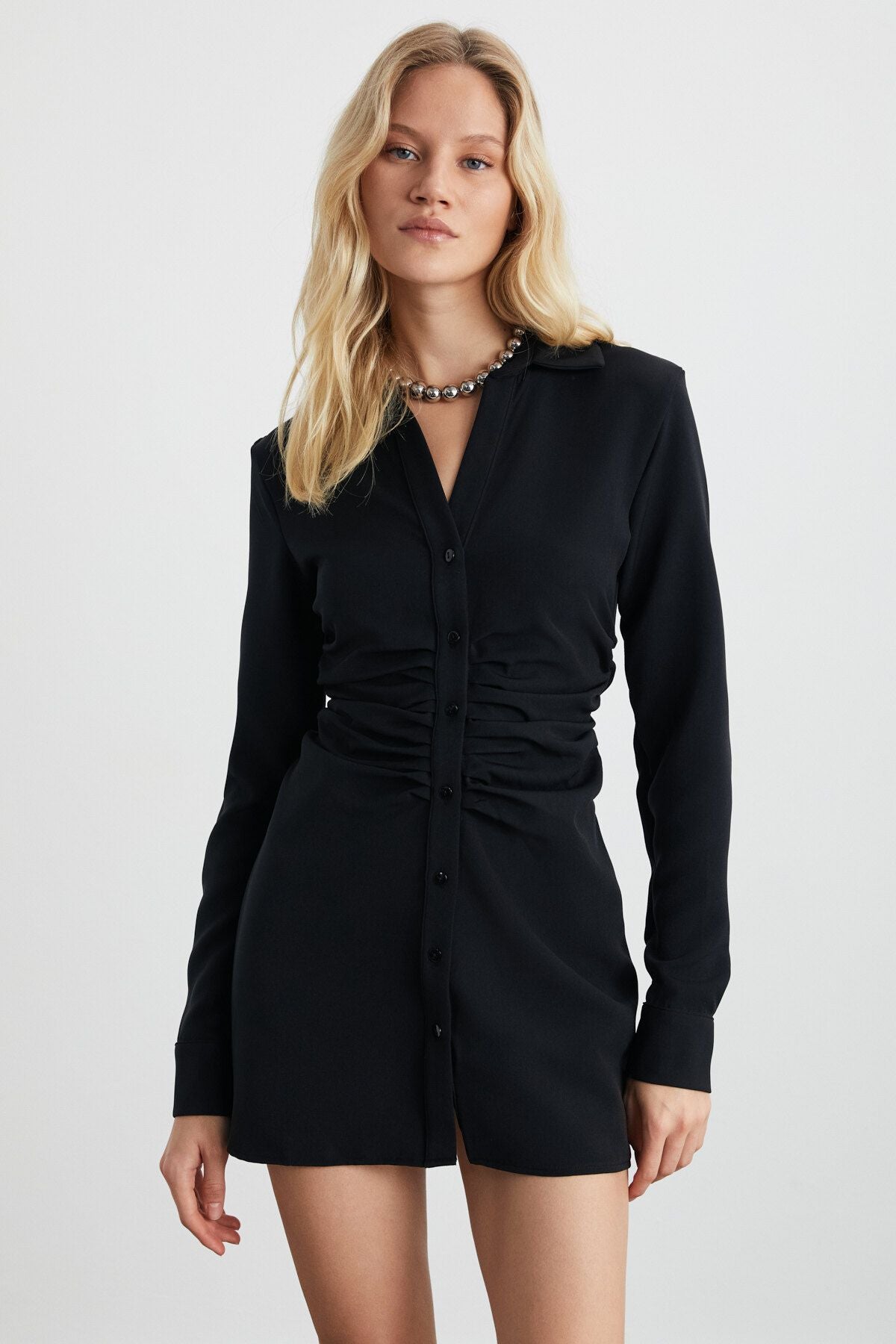 Rhea Woman Woven Crepe Fabric Shirt Dress Style Drape Black Dress