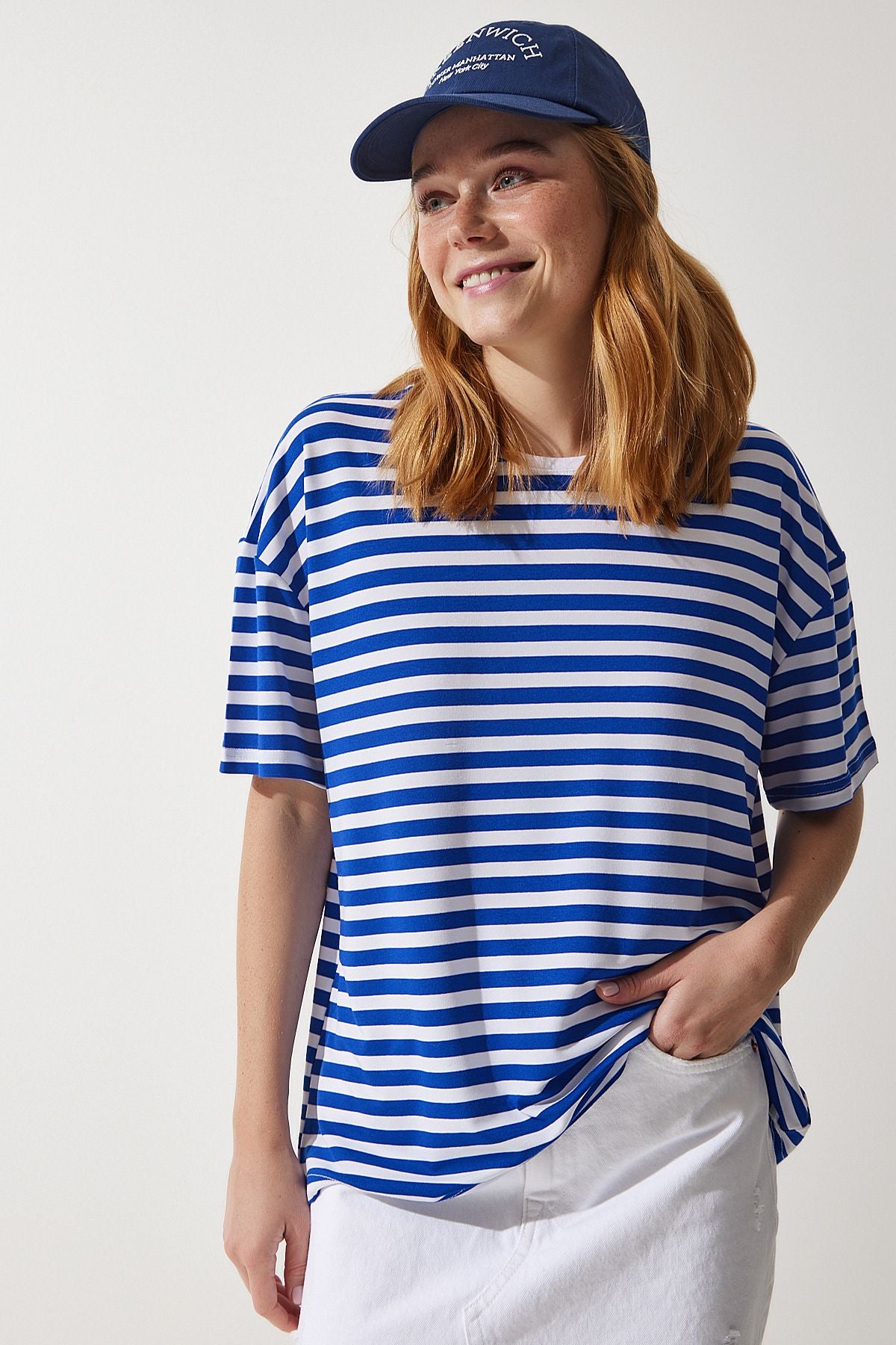 Woman Blue Bicycle Collar Striped Oversize knitting T-shirt EN00609