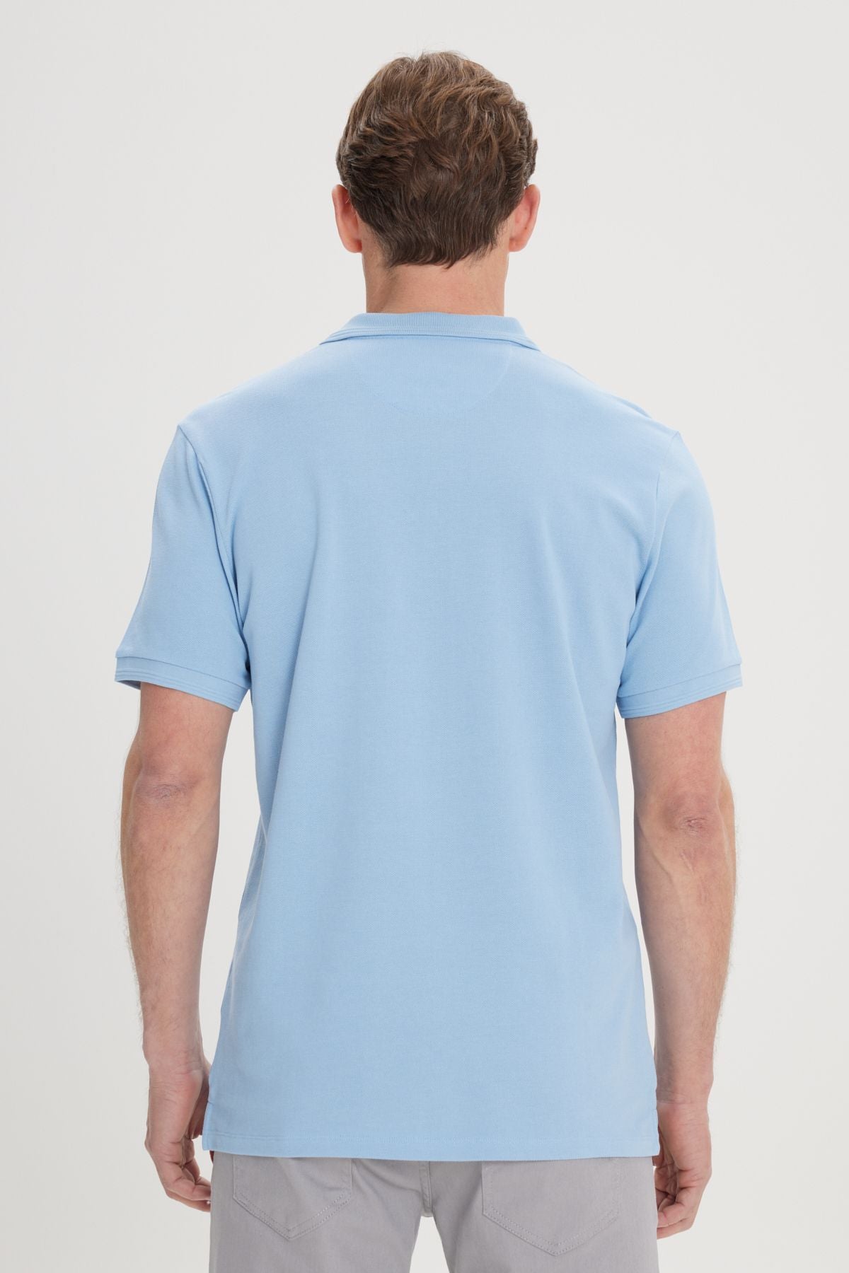 Men's light blue slim fit narrow cut polo collar 100 %cotton short sleeve t -shirt