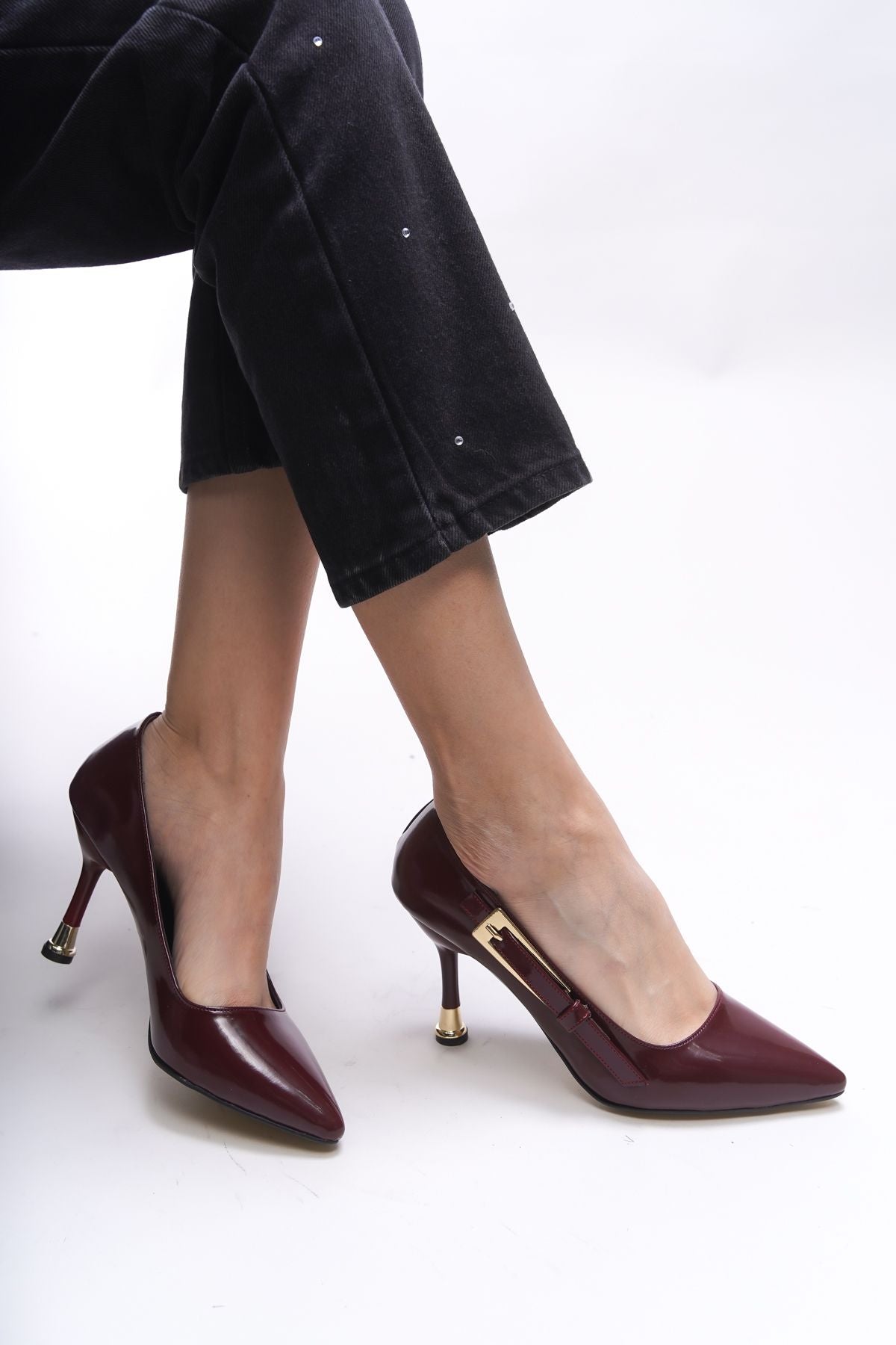 Yathae Women Heels Shoes 0012968 Bordeaux Patent Leather