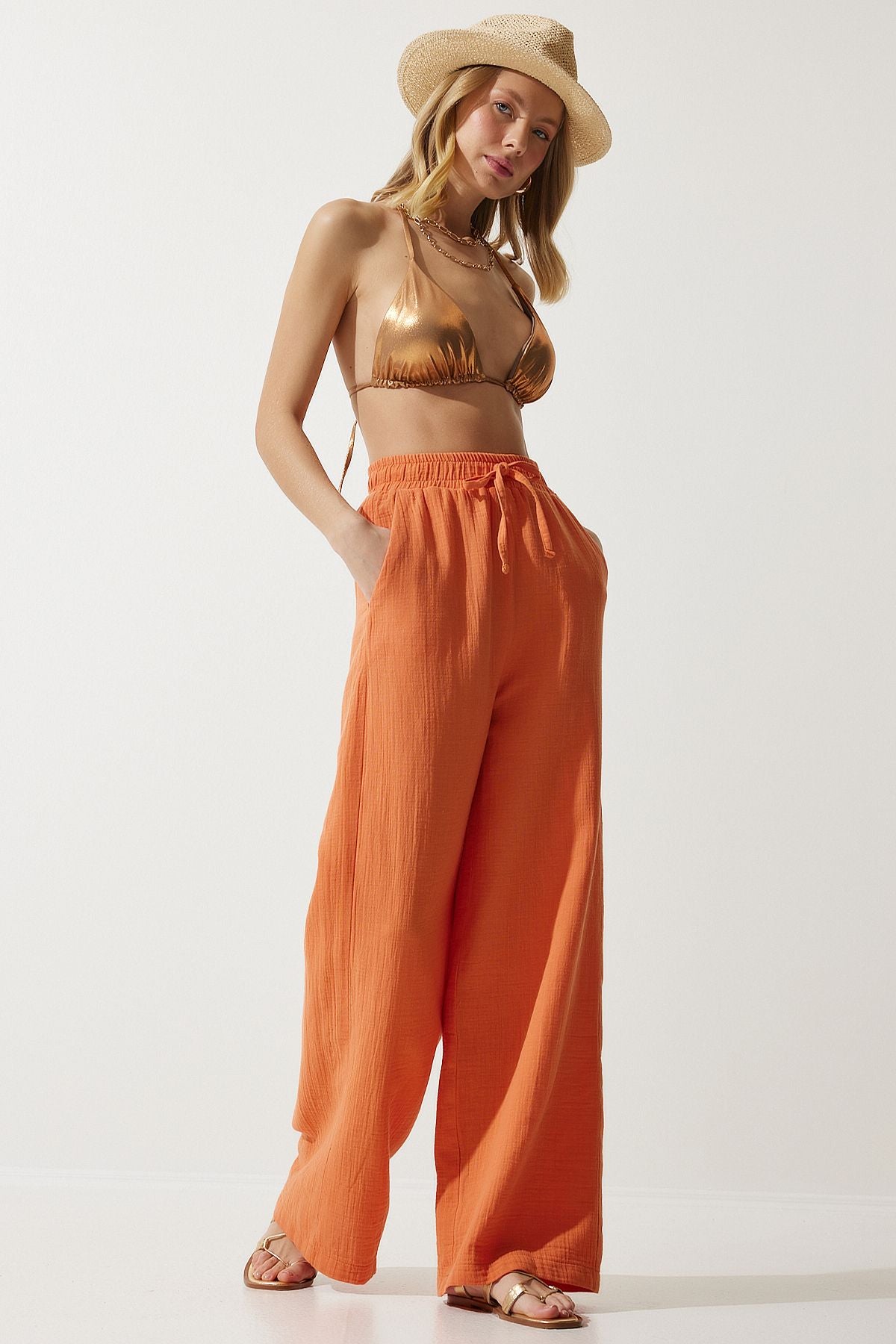 Women Orange Muslin Palazzo Pants MX00160