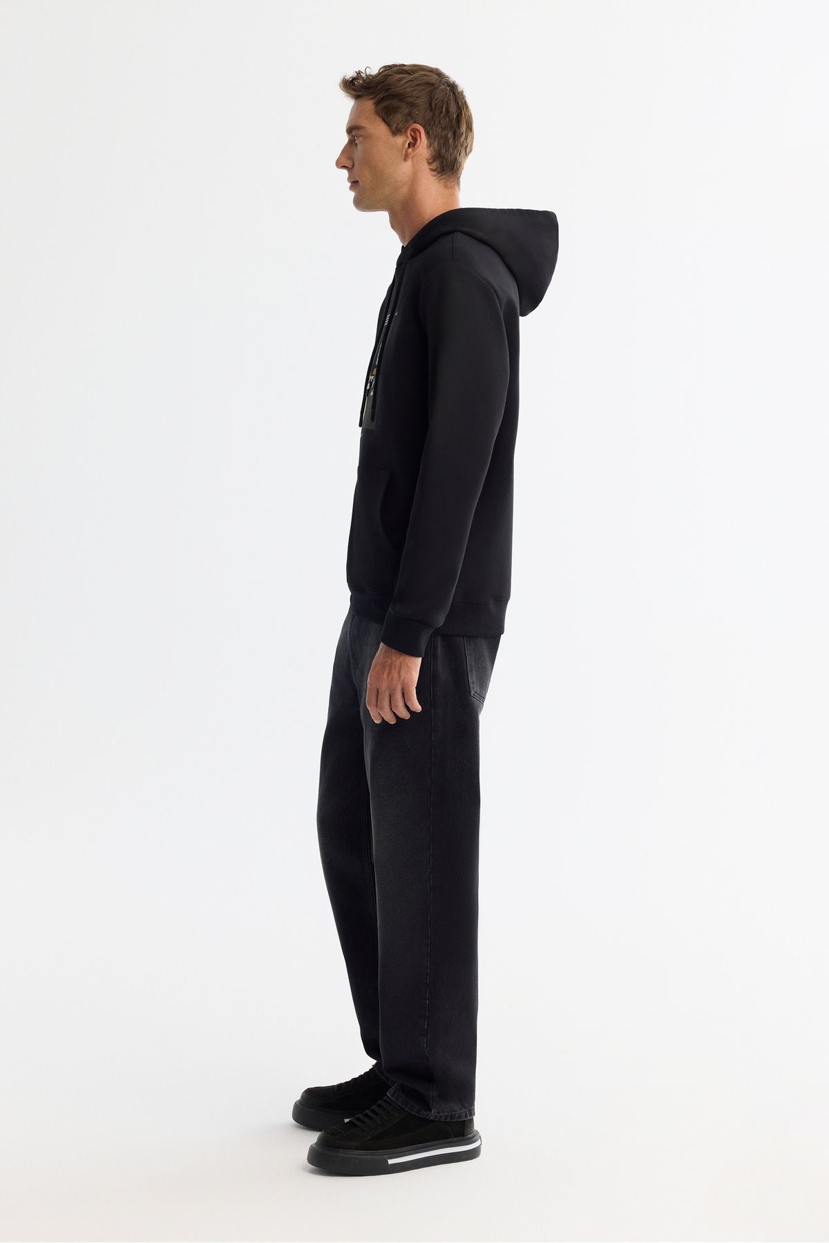 Men's black hooded cotton printed elastan sweatshirt a42y1321