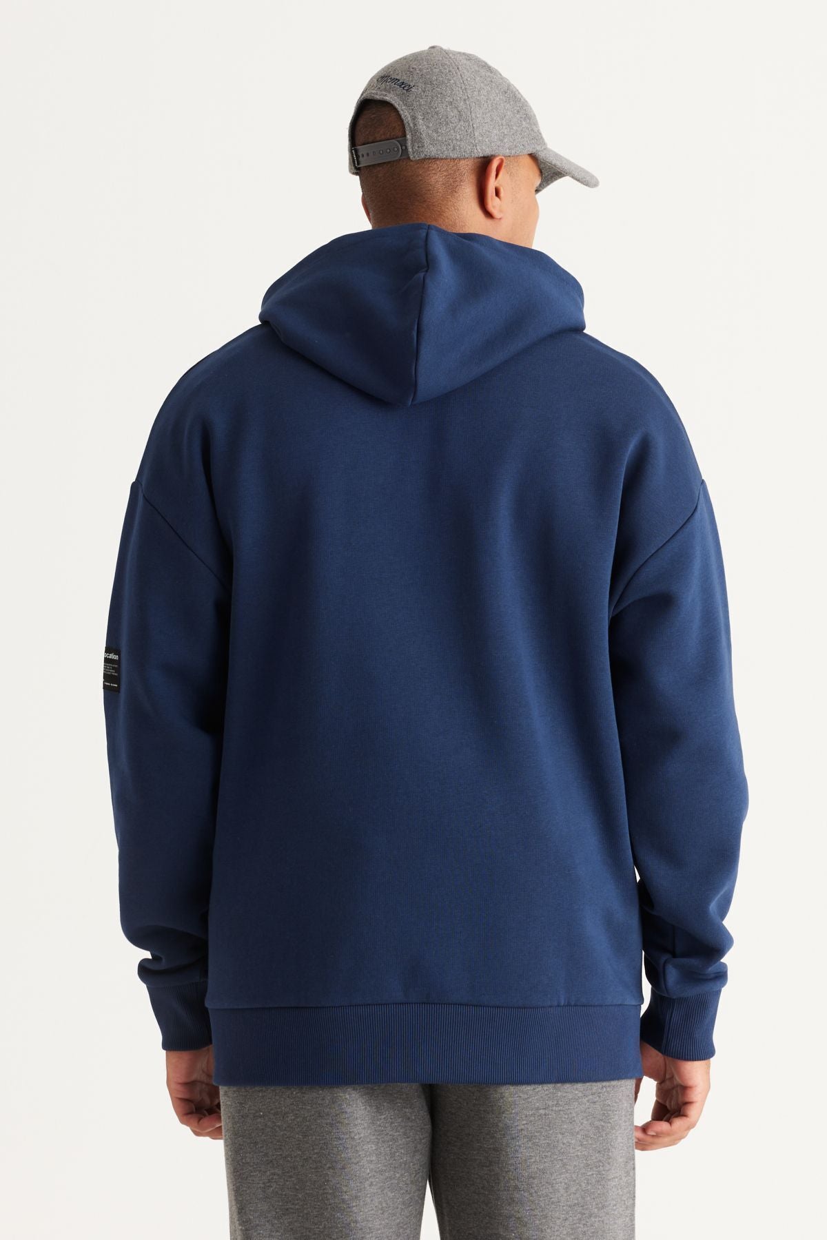 Men's Navy Blue Oversizle Fit Plenty Cut Hooded 3 -IP Cotton Sweatshirt