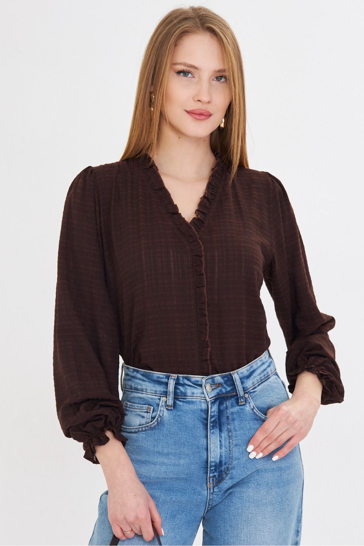 Woman Dark Coffee Collar and Ruffle Detailed Arms with Rubber Long Sleeve Blouse ARM-25K001030