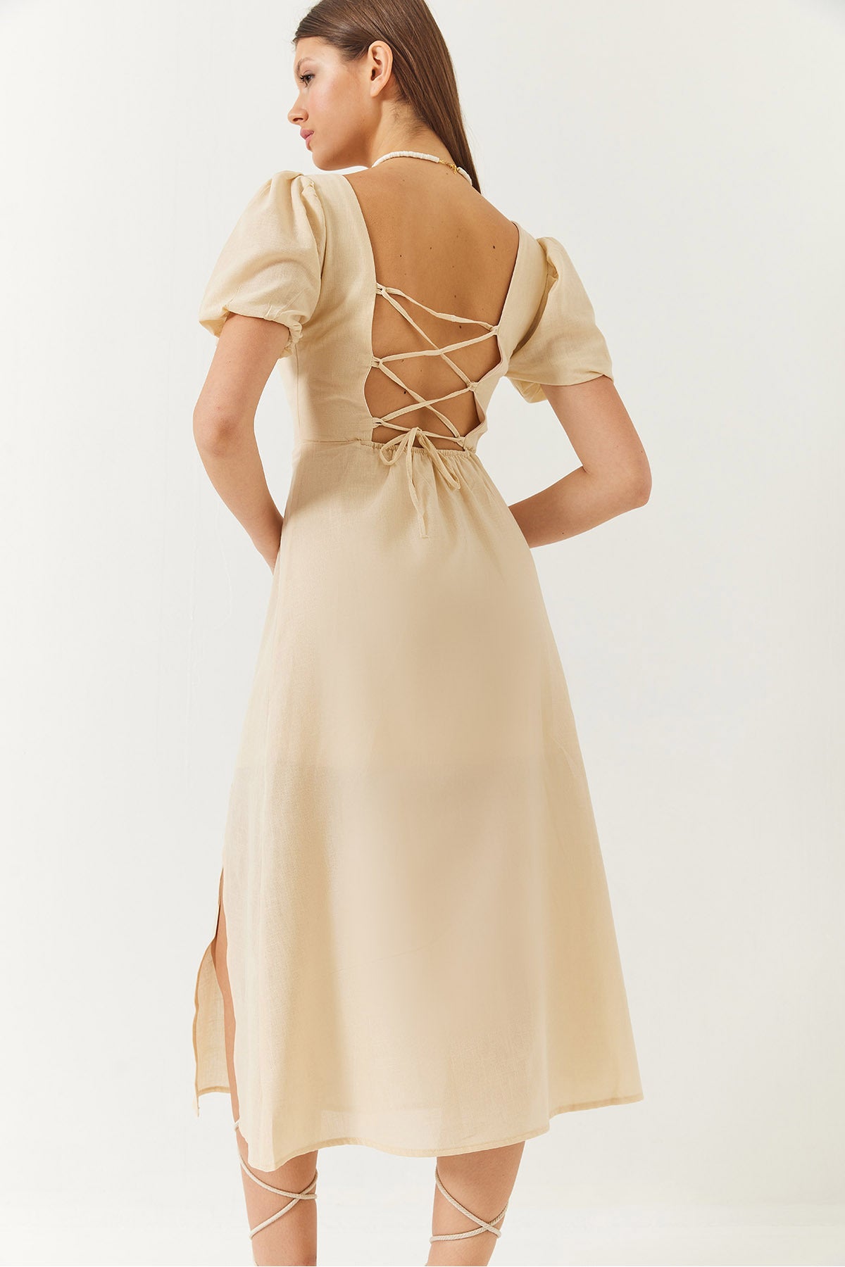 Women's Watermelon Sleeve Square Neck Back Detailed Slit Linen Dress 35174 60261427