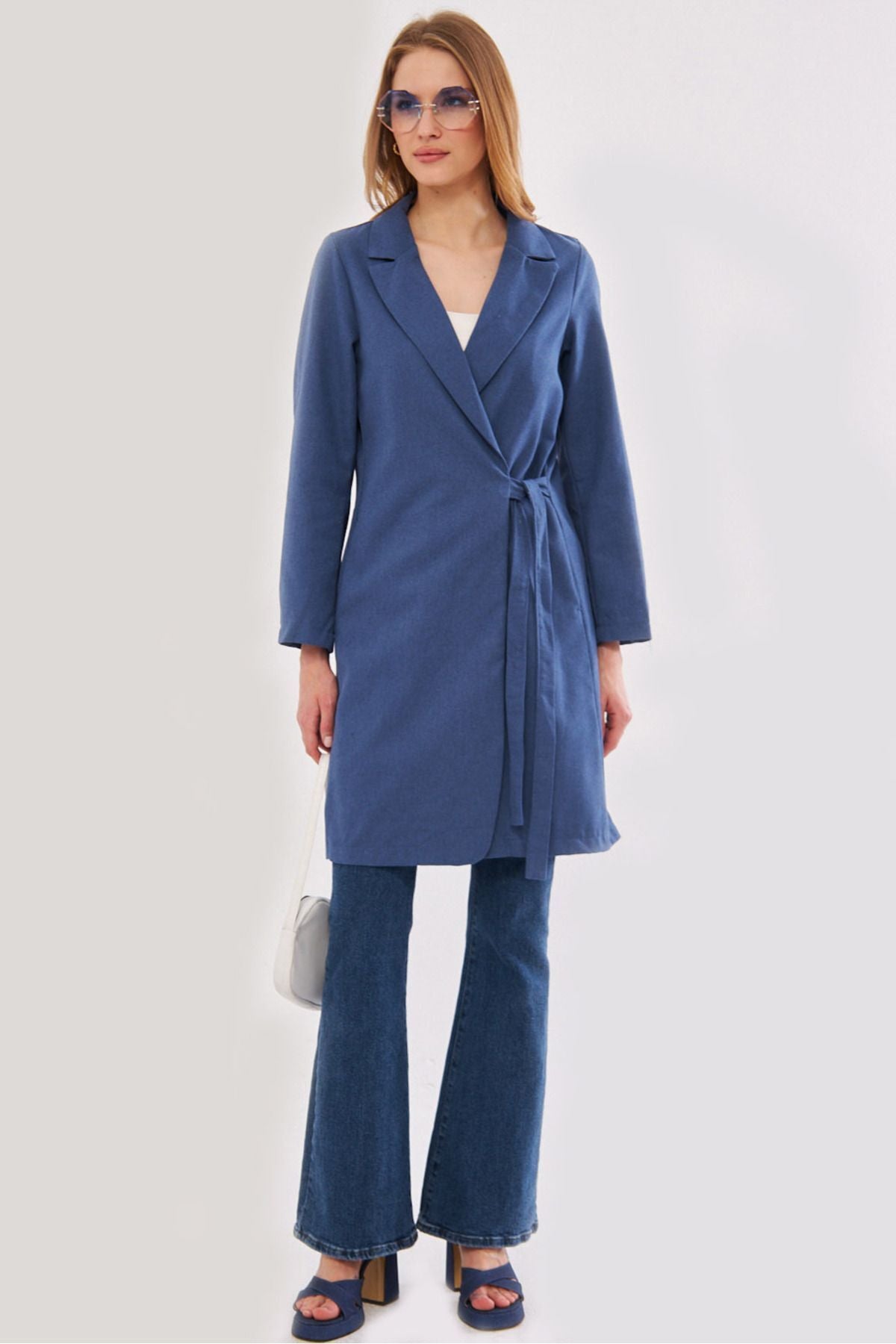 Women's dark blue side tied long coat ARM-24Y001019