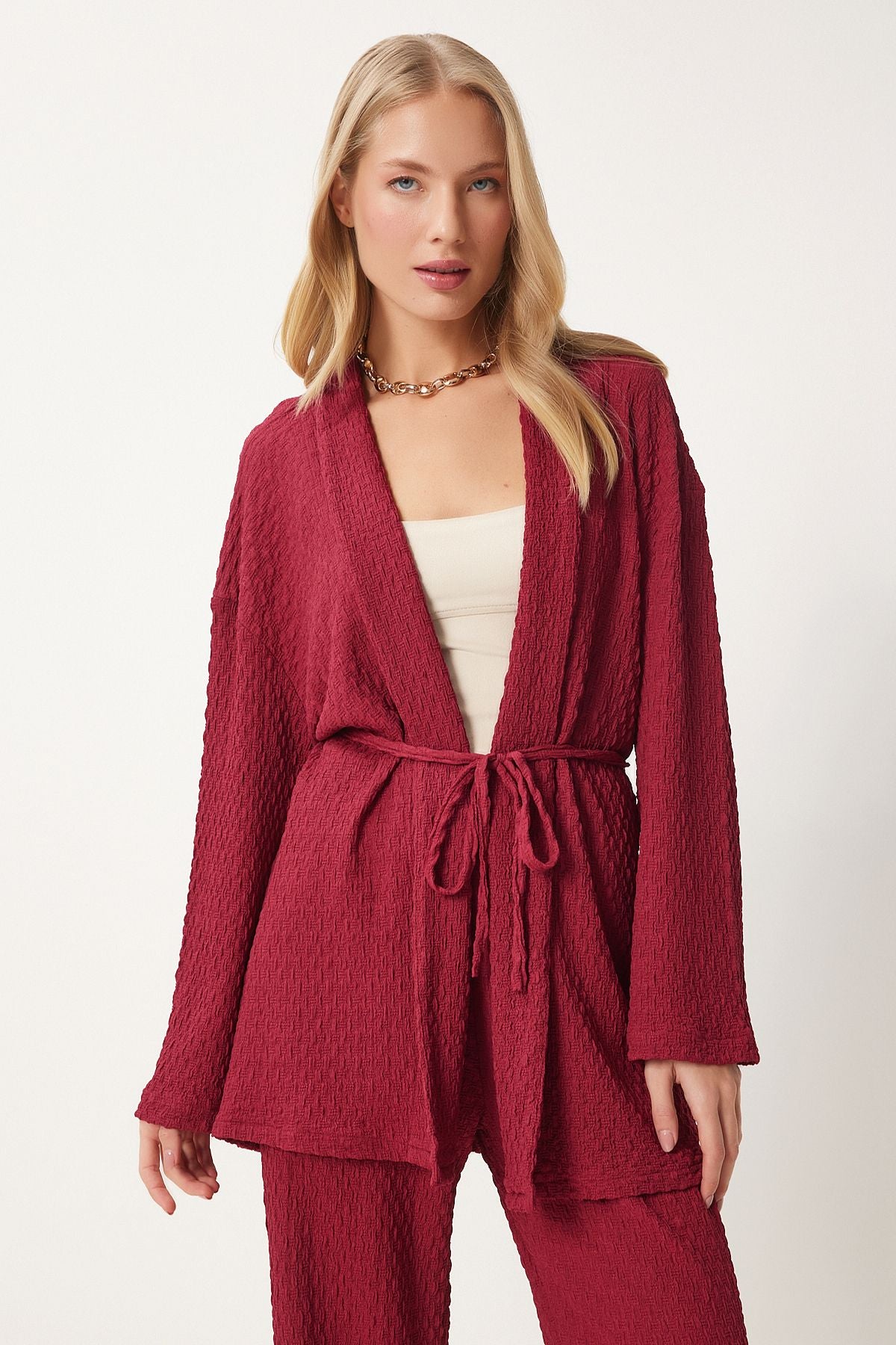 Female burgundy textured knitted kimono pants set RG00046