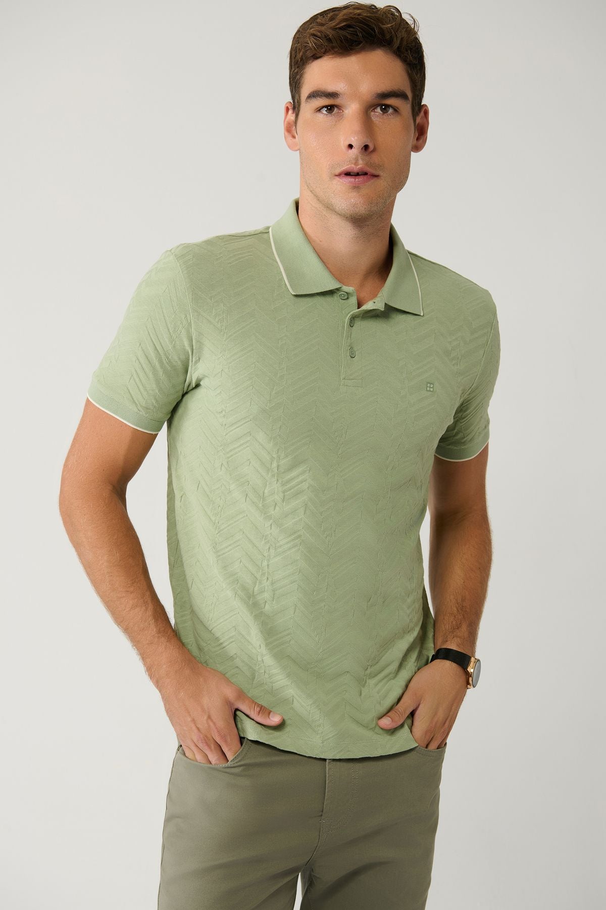 Male Khaki 100 %Cotton 3 Buttoned Jacquard Polo Yaka T-shirt A41y1147