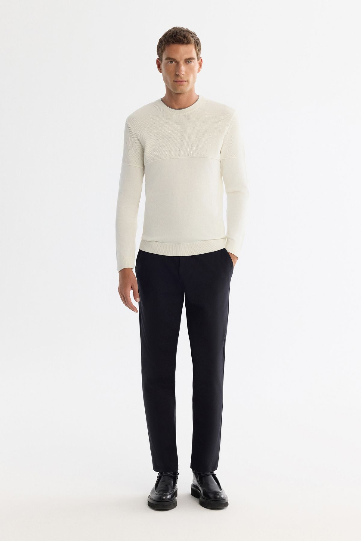 Men's Ecru Bicycle Collar Double Collar Detailed Cotton Knitwear Sweater A42Y5190