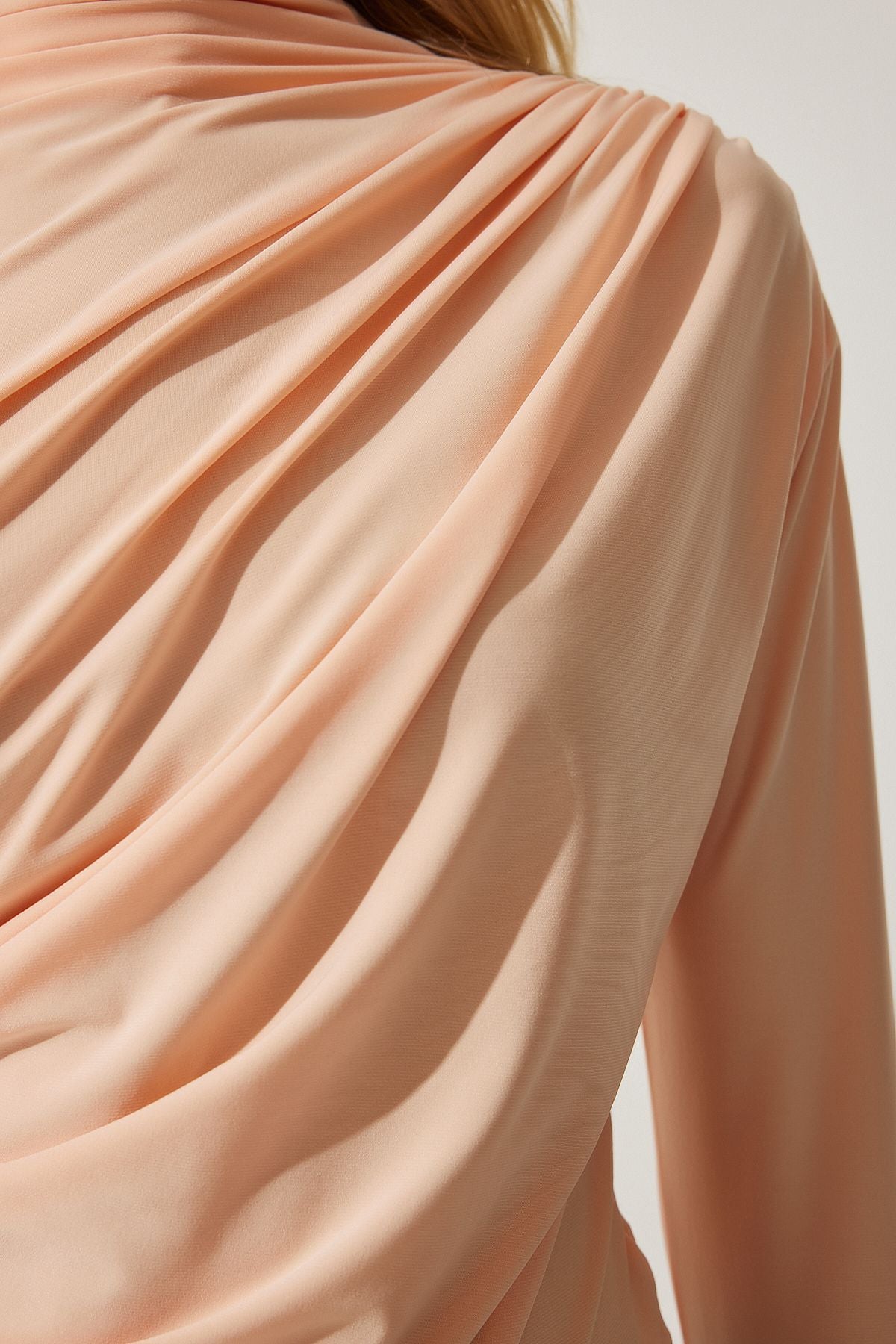 Female peach shirring detailed upright collar sandy blouse FF00135