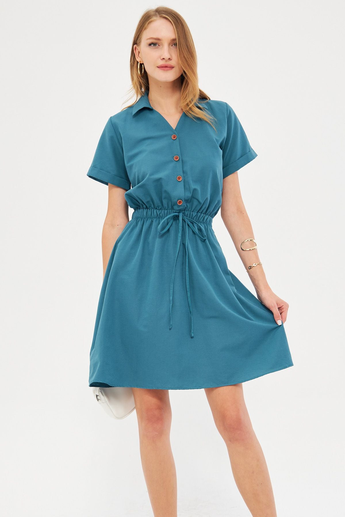 Female turquoise waist tire short sleeve shirt dress ARM-23Y001035
