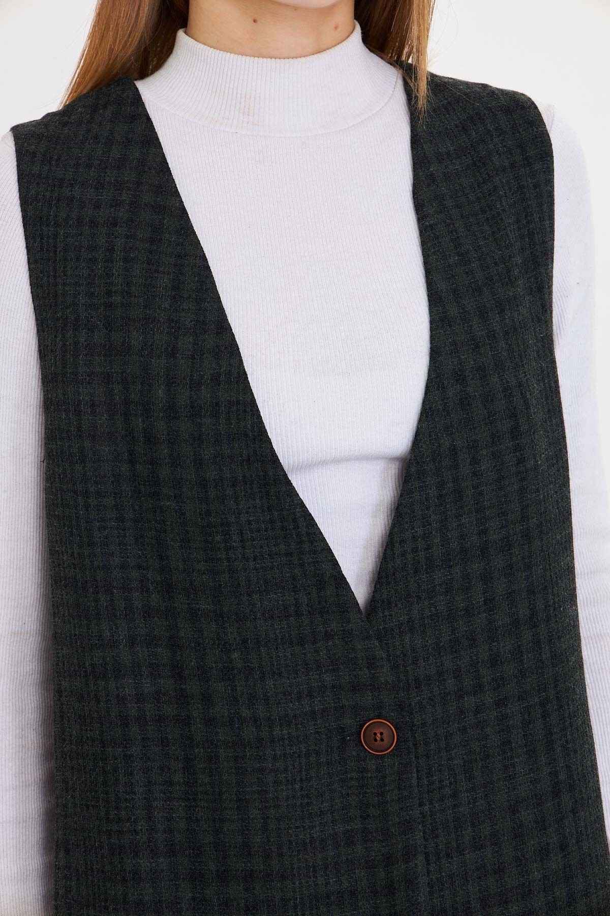 Woman Khaki V-Yaka Single button Oversize Patterned Vest ARM-25K001110