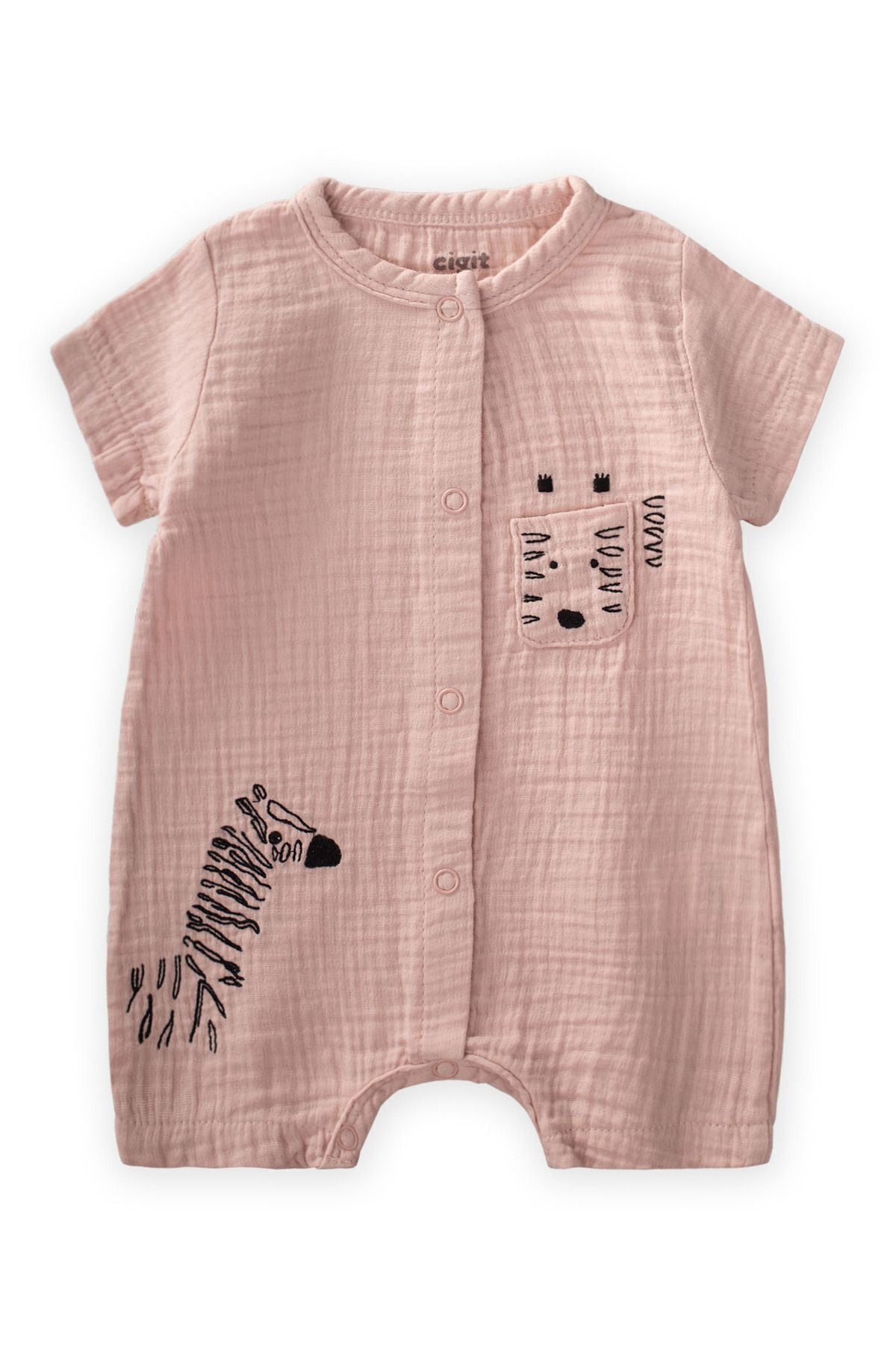 Zebra Embroidery Muslin Short Tulum 0-3 Age Powder Pink Pink