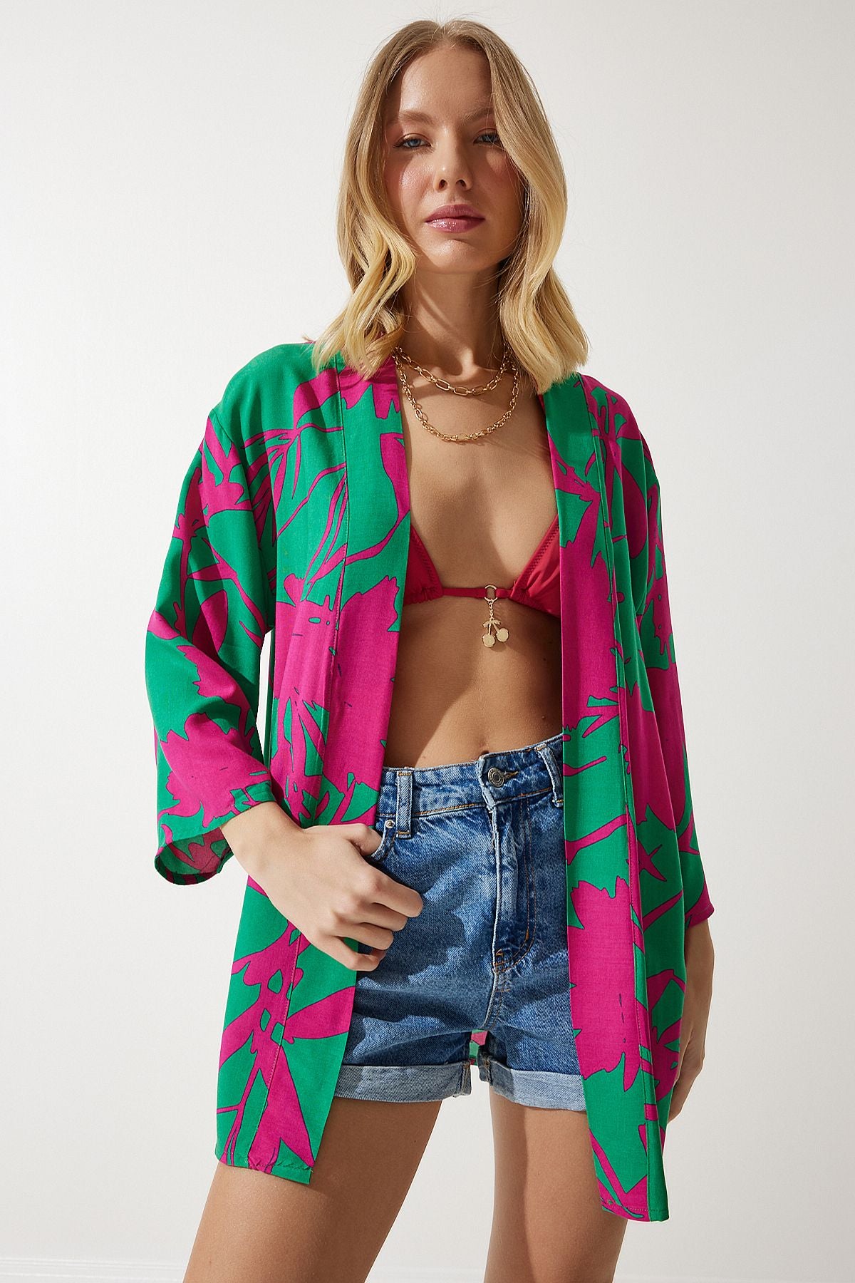 Female green pink patterned viscone Kimono EN00615