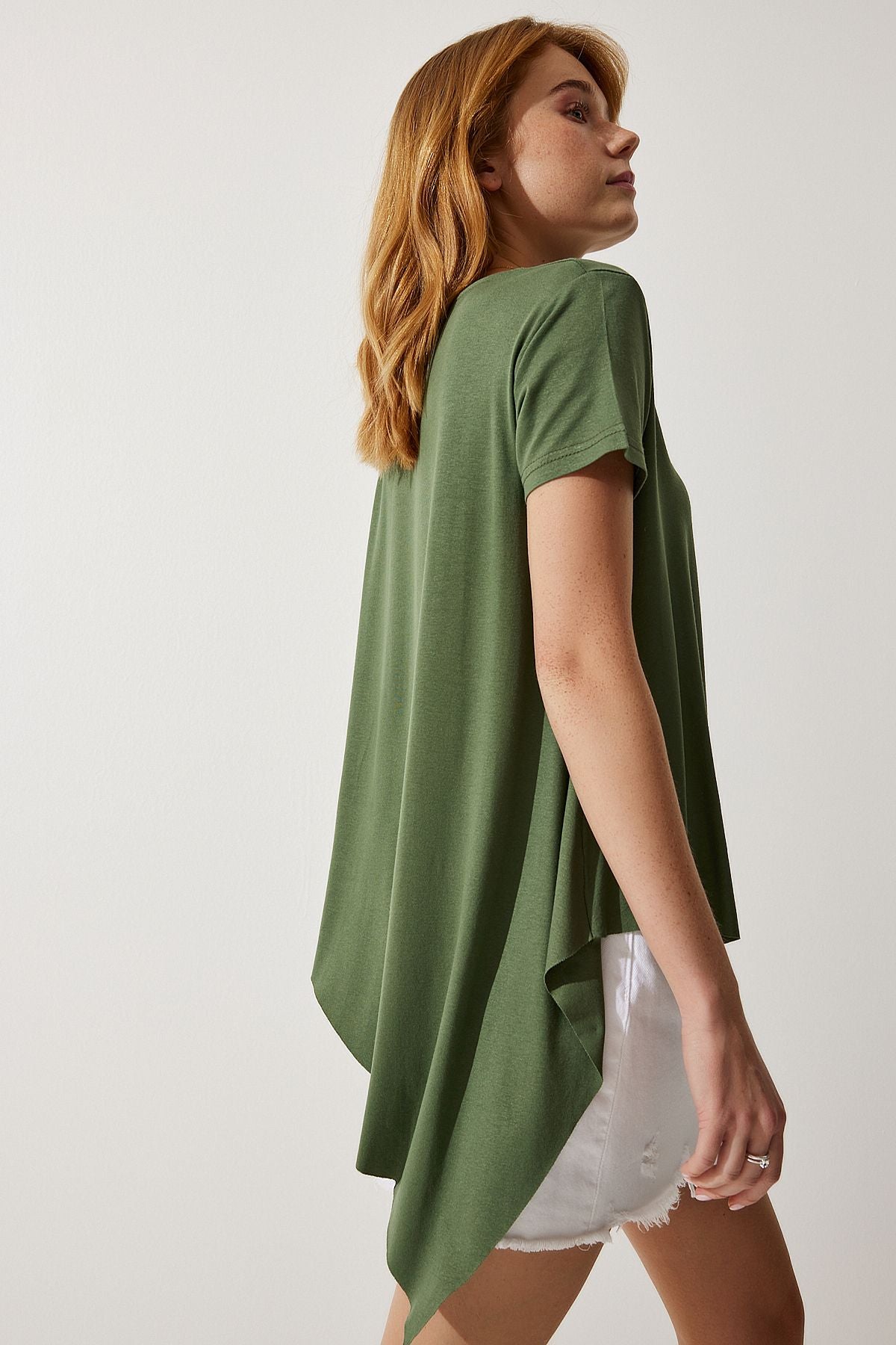 Woman Khaki Asymmetric Viscose Knitting T-Shirt EN00599