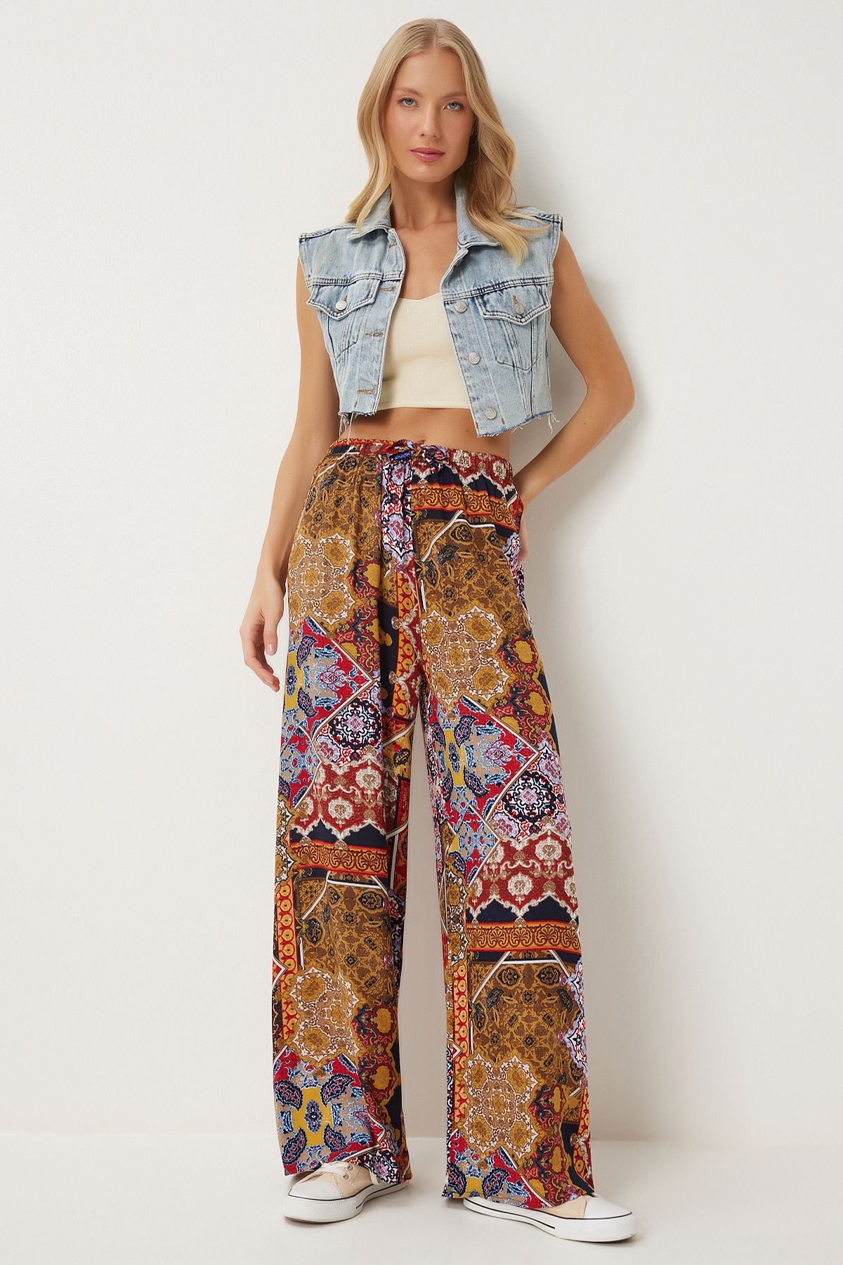 Female mustard tile pattern draped viscose palazzo pants EN00606
