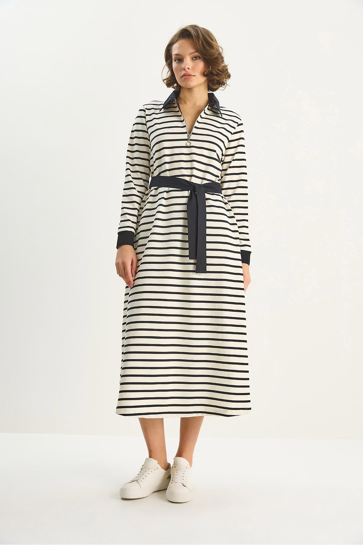 Women's Belted Pocket Detailed Striped Long Basic Dress with Zipper Collar 8514 60283659