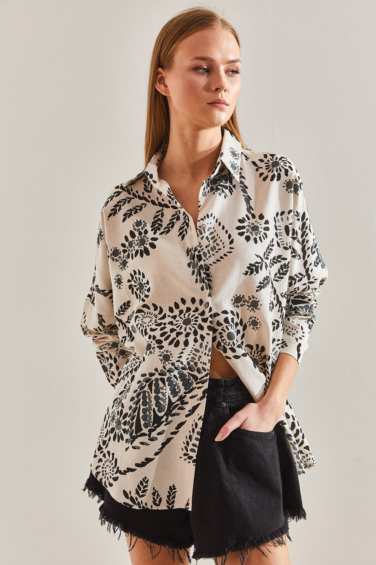 Women's Big Leaf Patterned Casual Linen Shirt 60101021