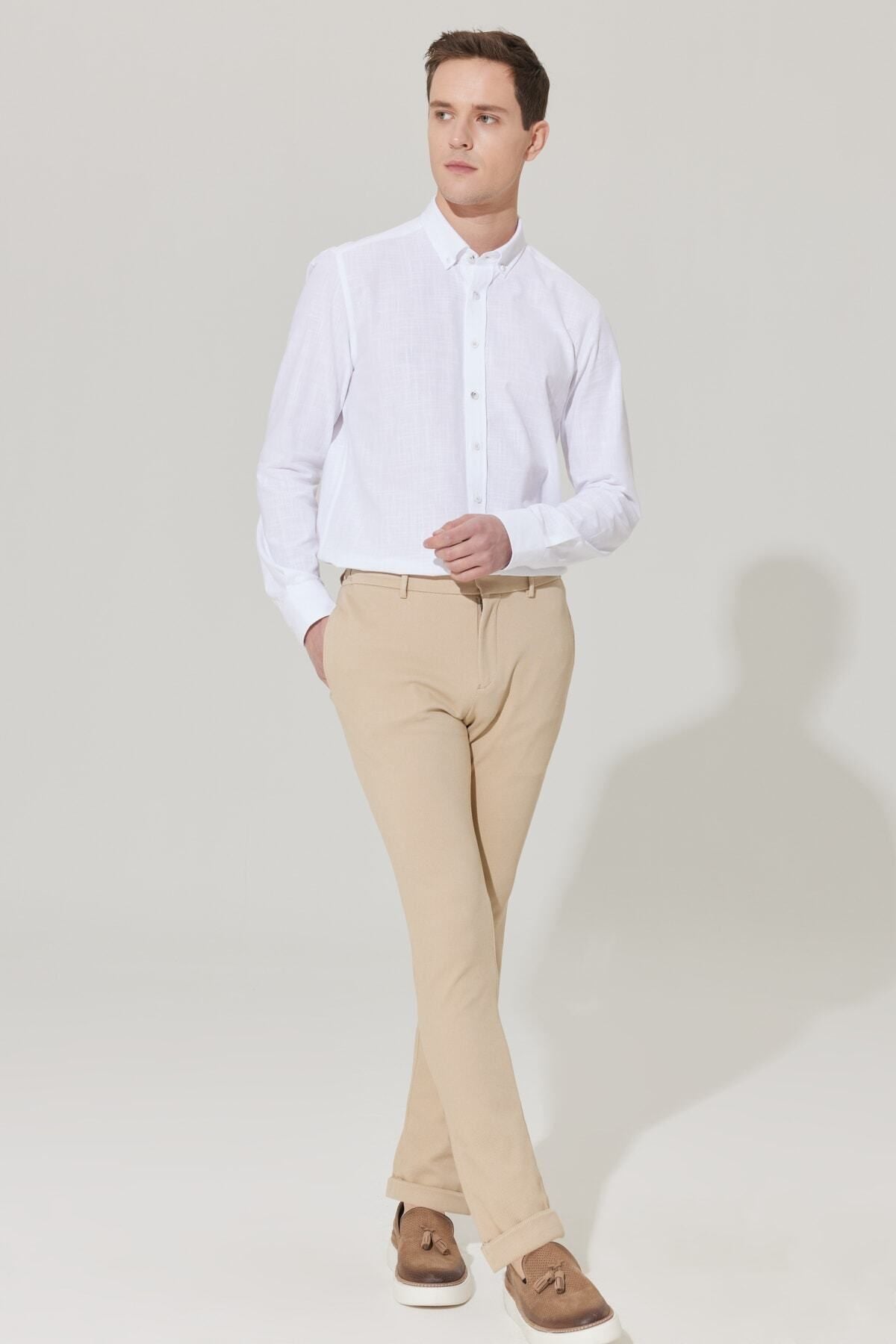 Men's Beige Slim fit narrow cut diagonal patterned flexible waist tied jogger pants